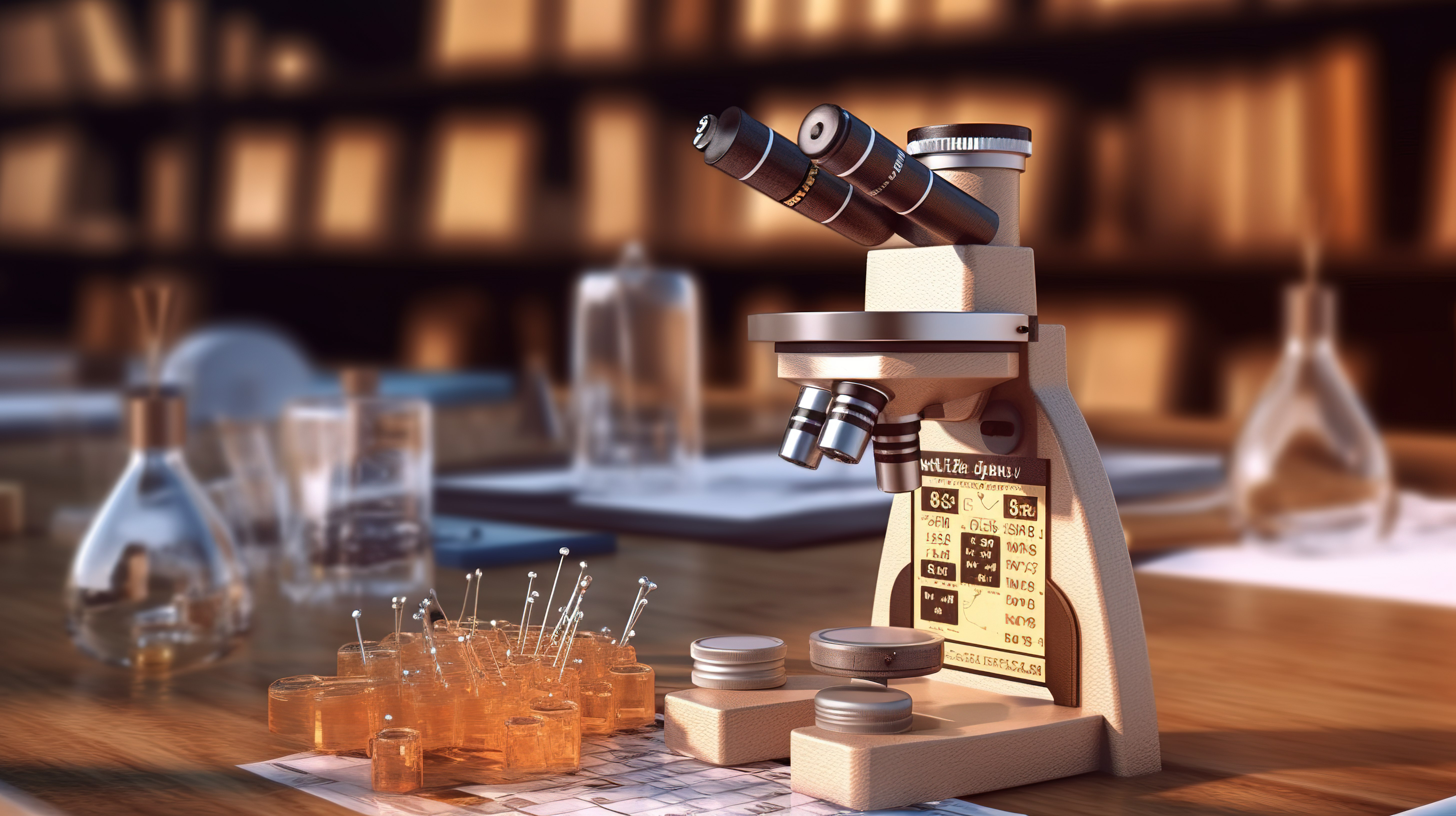 当代实验室显微镜毗邻一张木桌，上面有元素周期表 3d 渲染图片