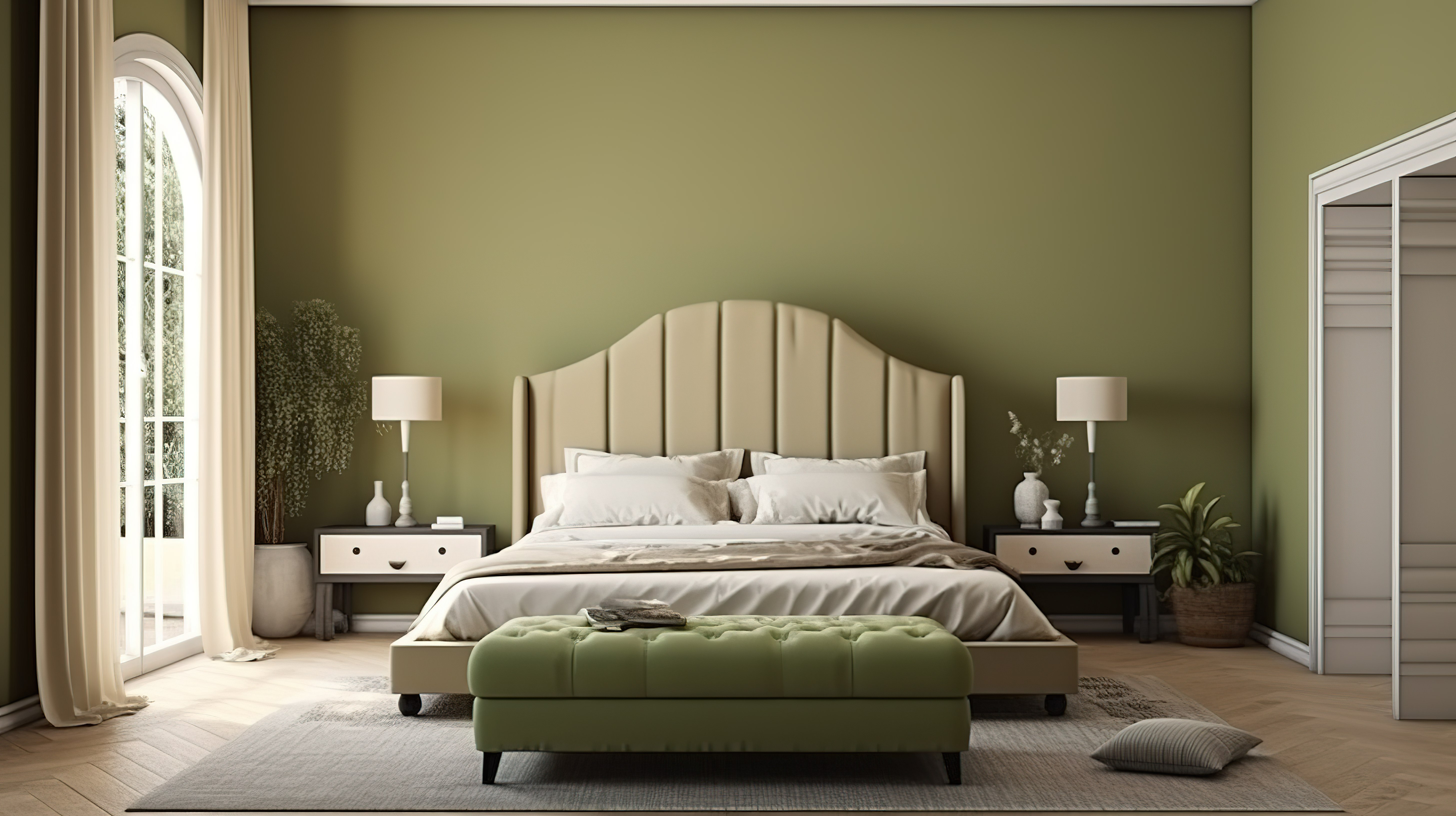 橄榄色现代经典卧室，配有高档家具和 3D 床单图片