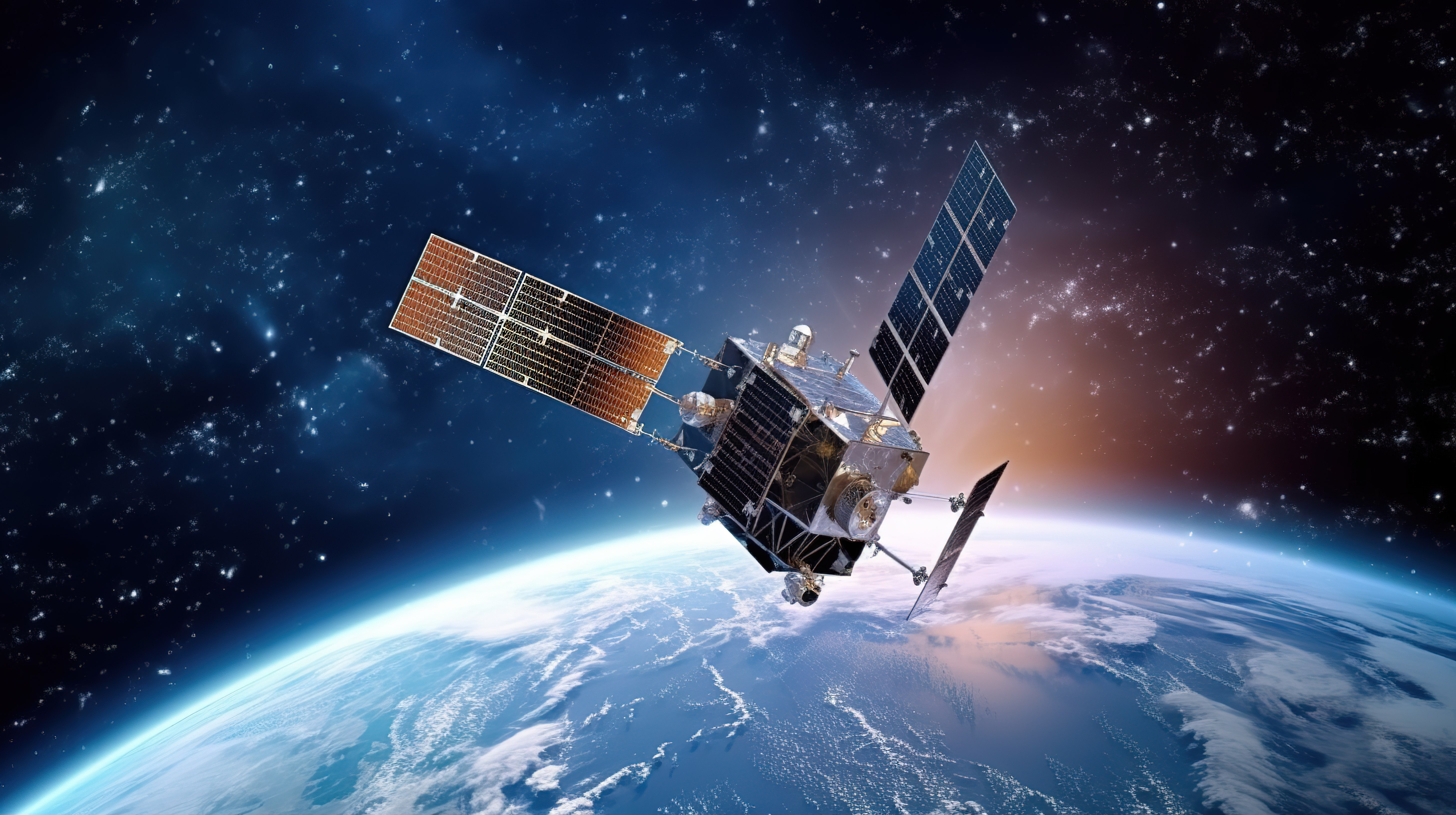 现代世界星空背景下全球导航卫星的 3d 渲染图片