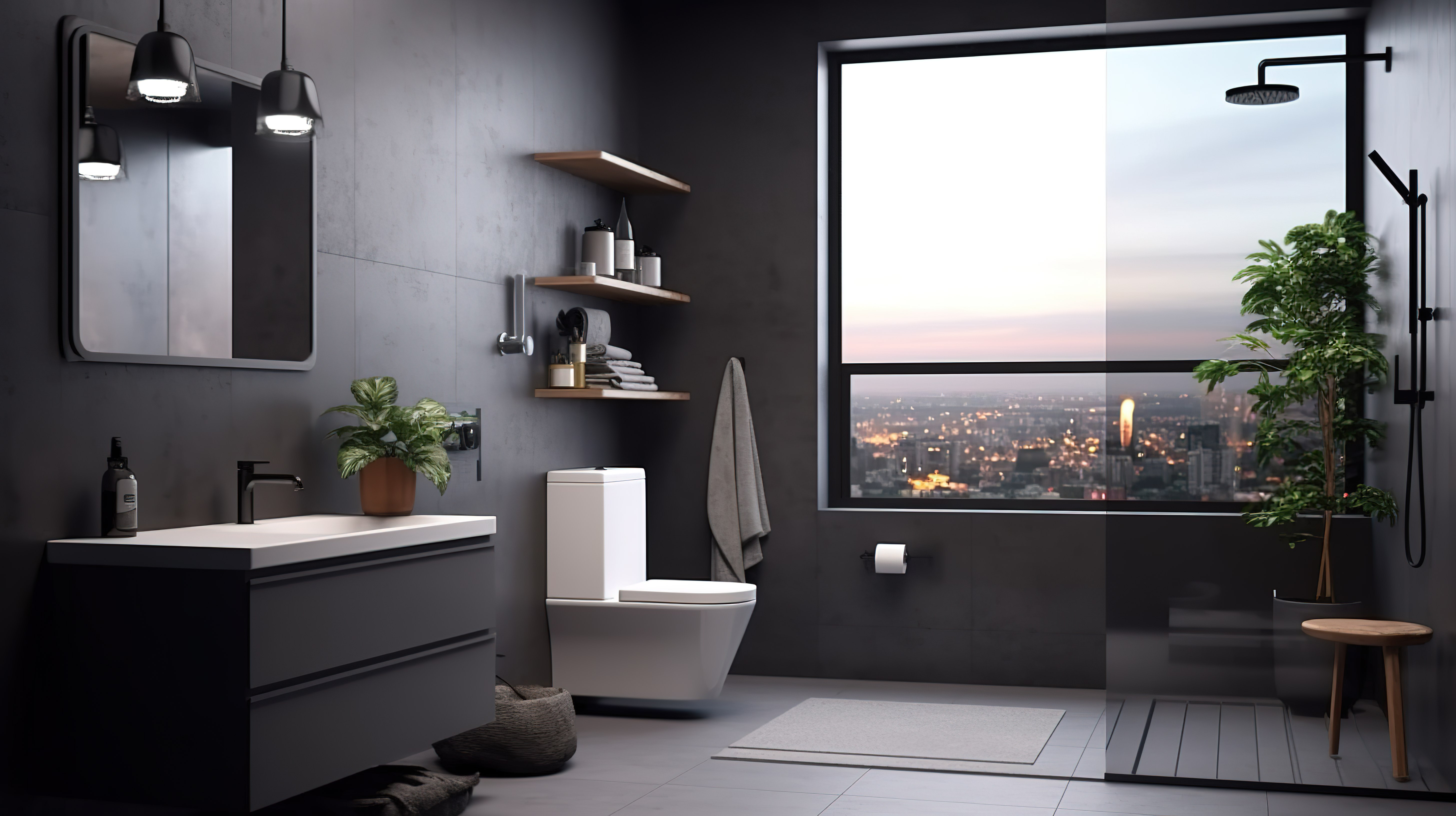 侧视浴室内部的 3D 渲染，配有淋浴厕所和水槽图片