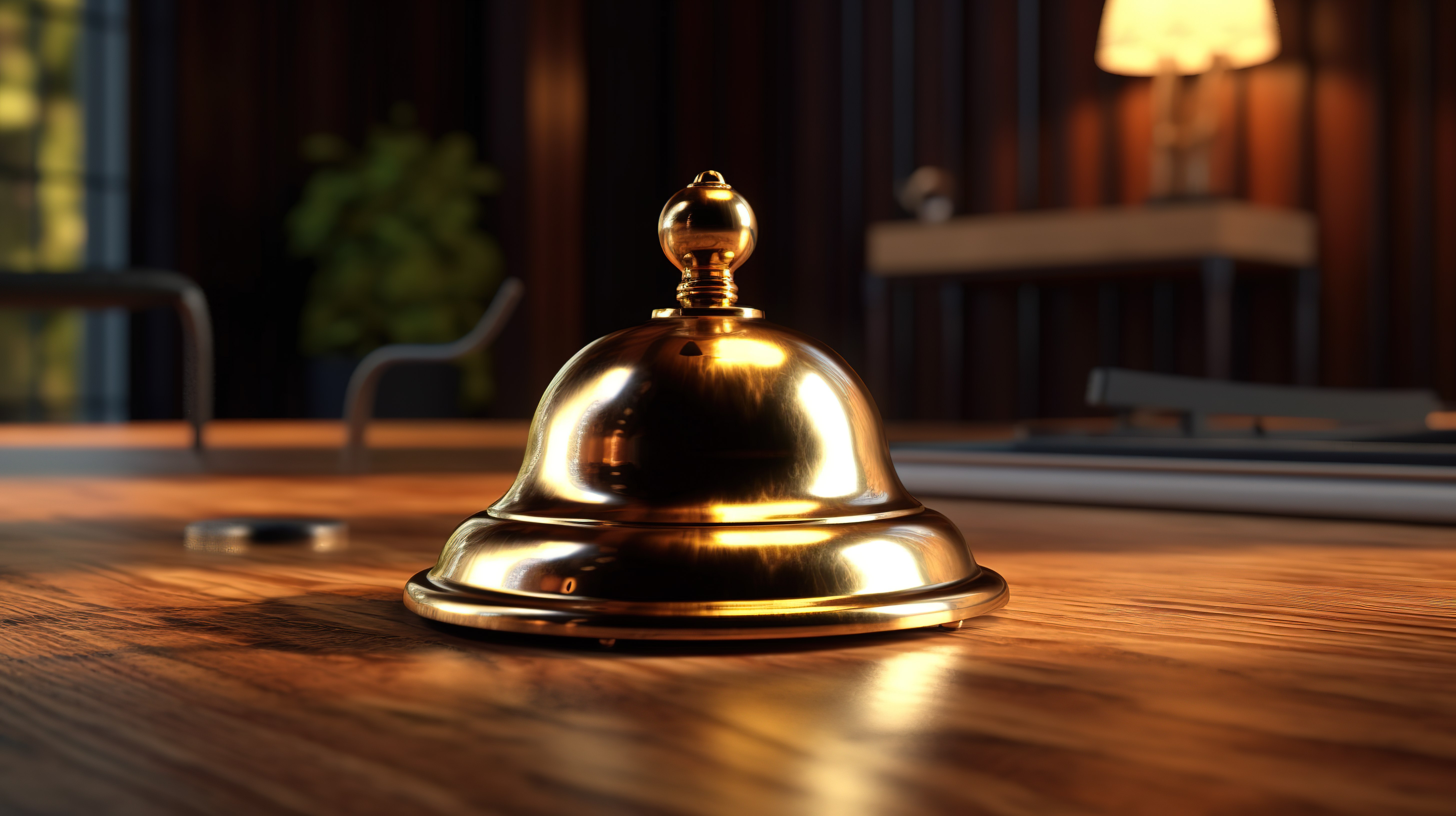 带黄铜酒店接待铃的木桌 3D 插图图片