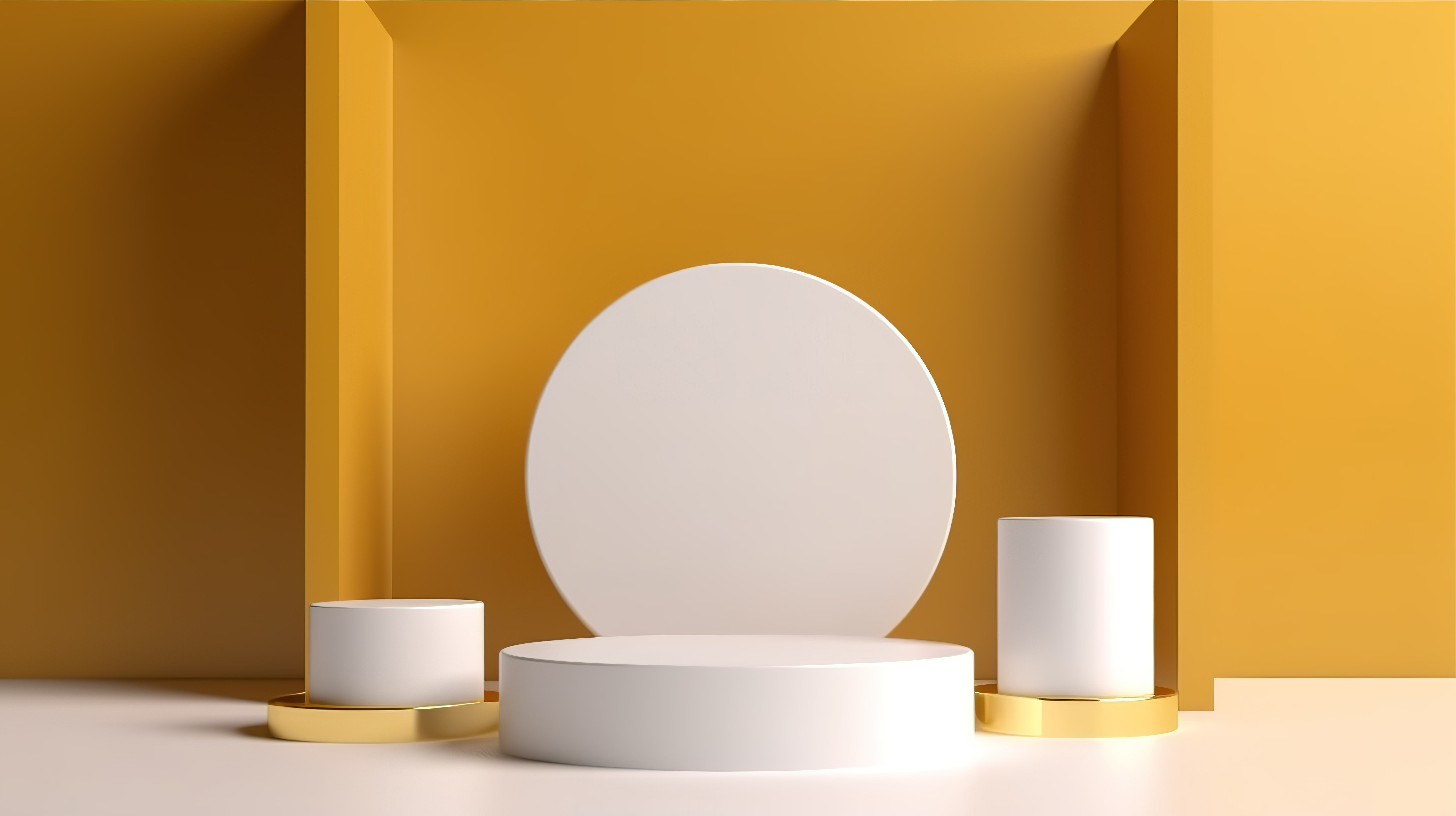 白色和金色圆柱体讲台的时尚 3D 渲染，用于工作室中的产品展示图片