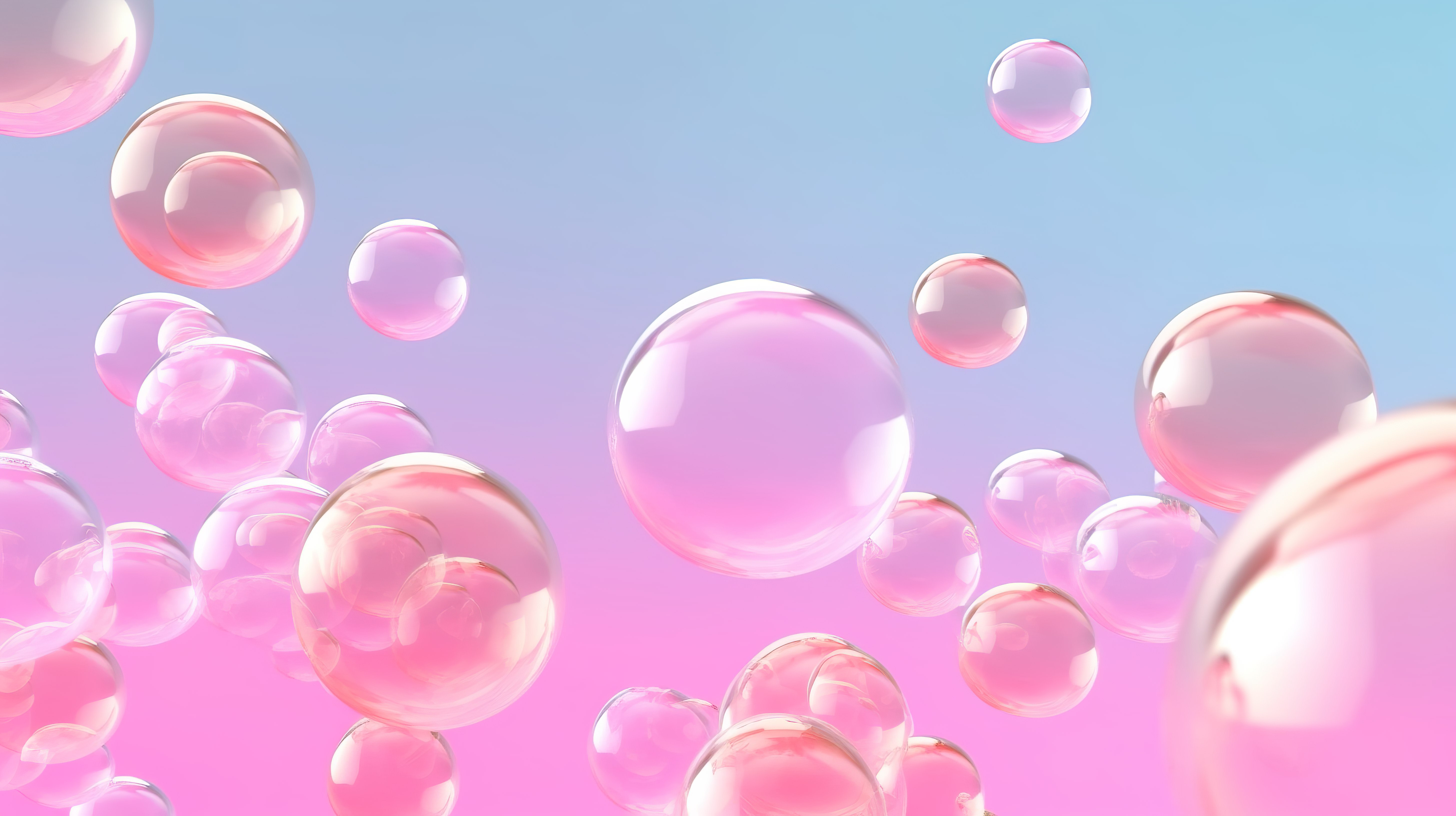 柔和的粉红色背景与 3D 肥皂泡全景渲染图像图片