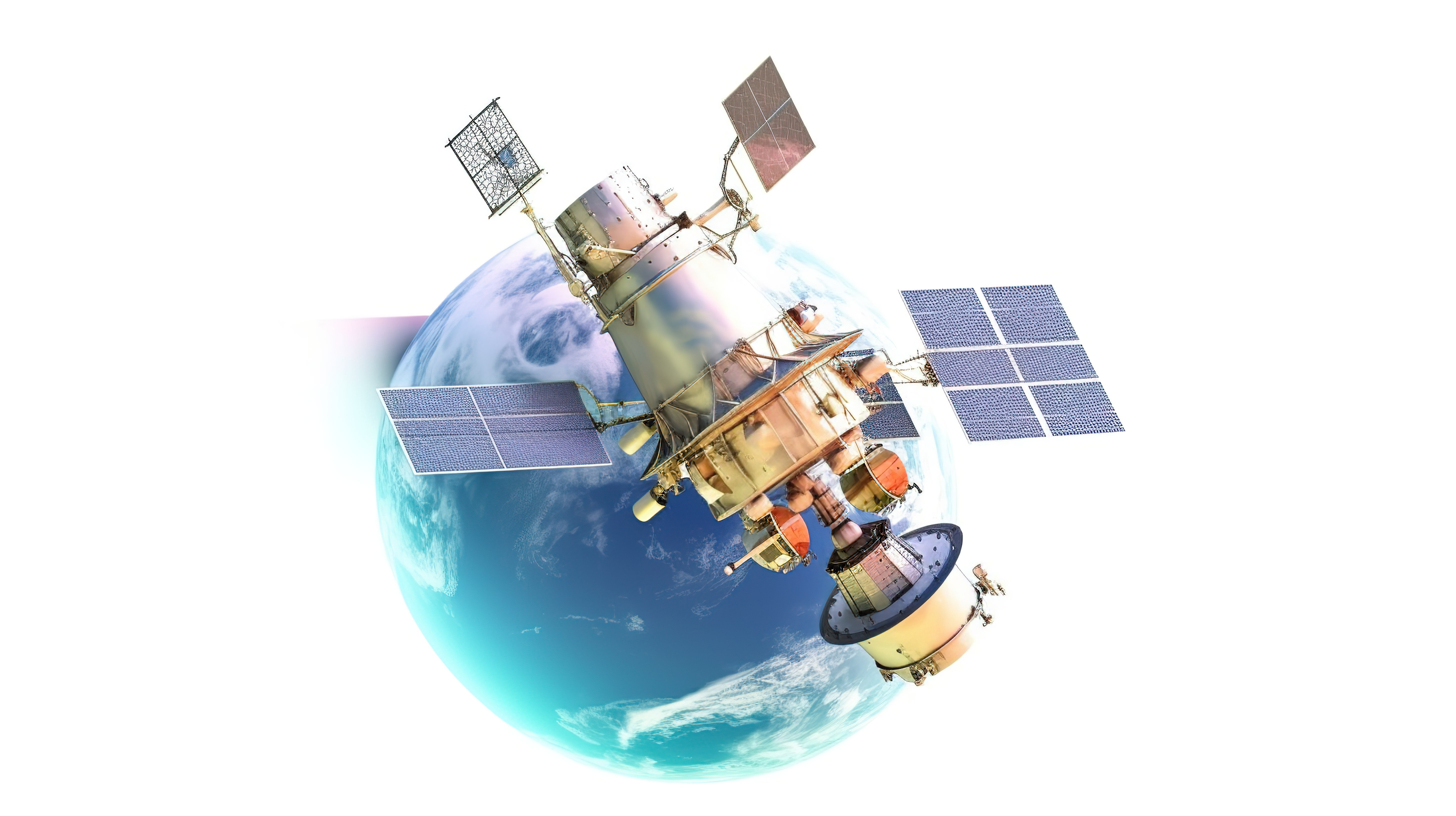 现代世界全球导航卫星广播射线信号在白色背景下的 3D 渲染图片