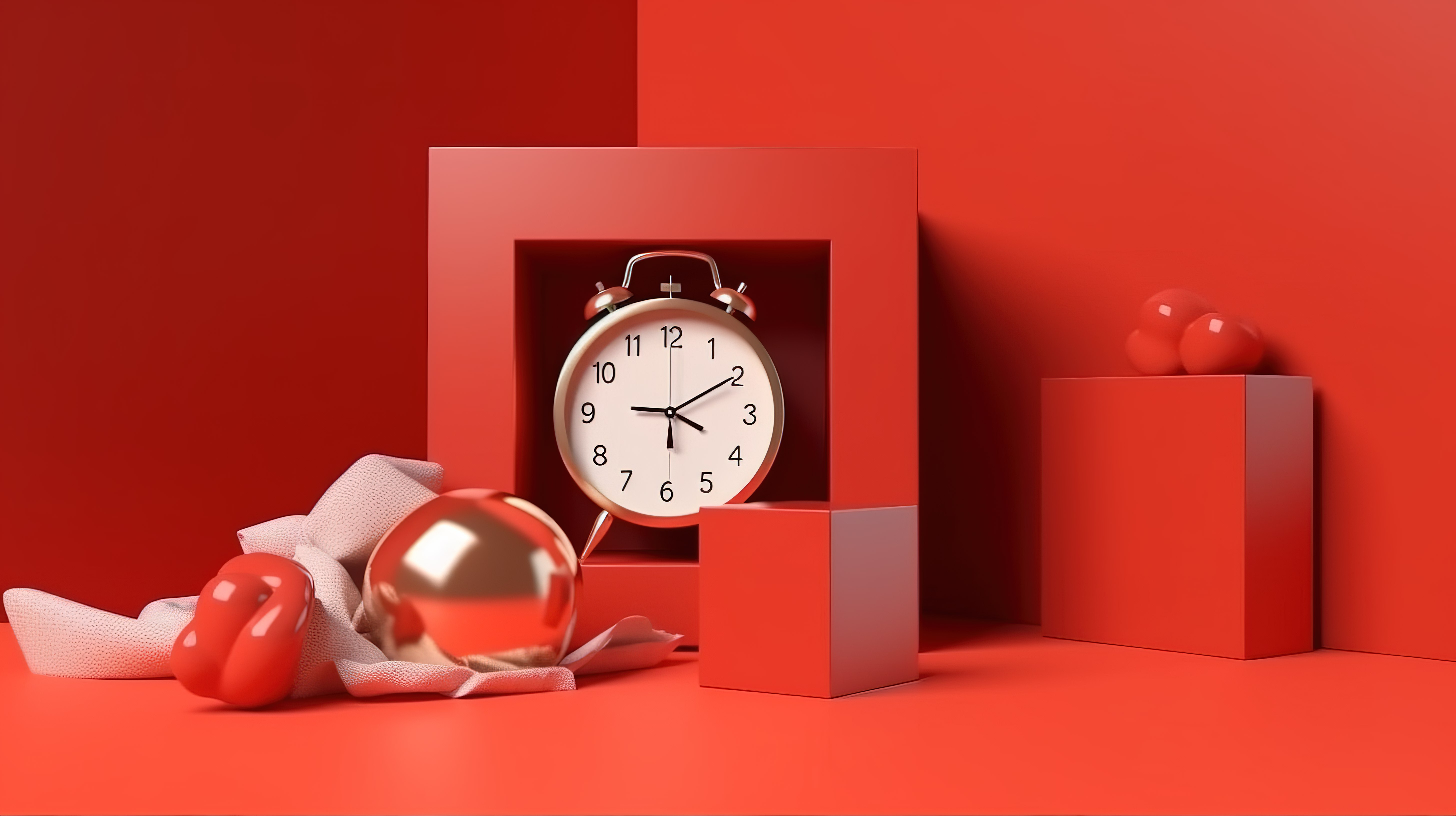 红色闹钟和盒子内 3D 抽象物体的高质量照片，用于社交媒体帖子图片