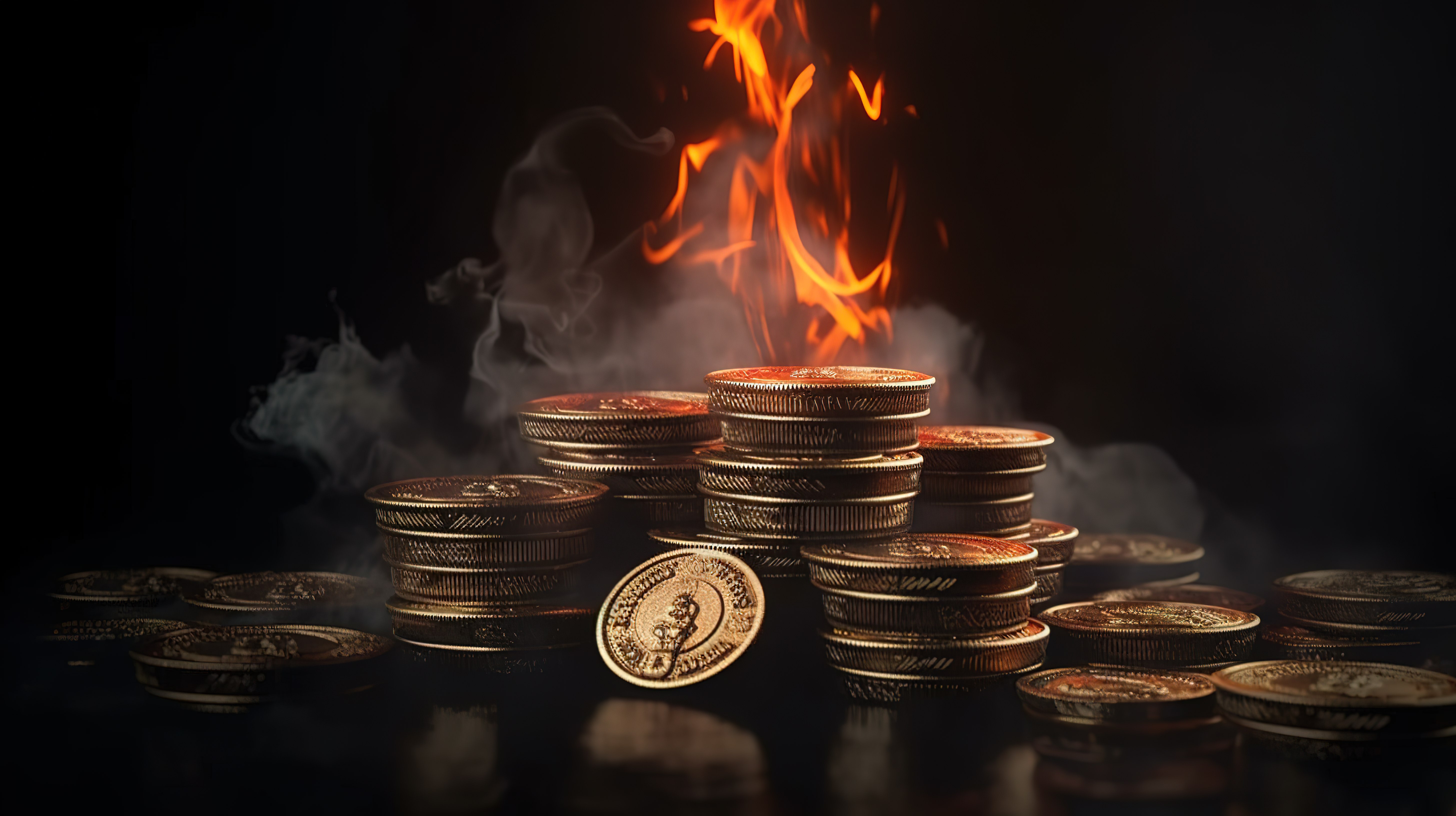 黑色背景上燃烧的俄罗斯卢布硬币的 3D 渲染，象征着货币贬值和通货膨胀图片