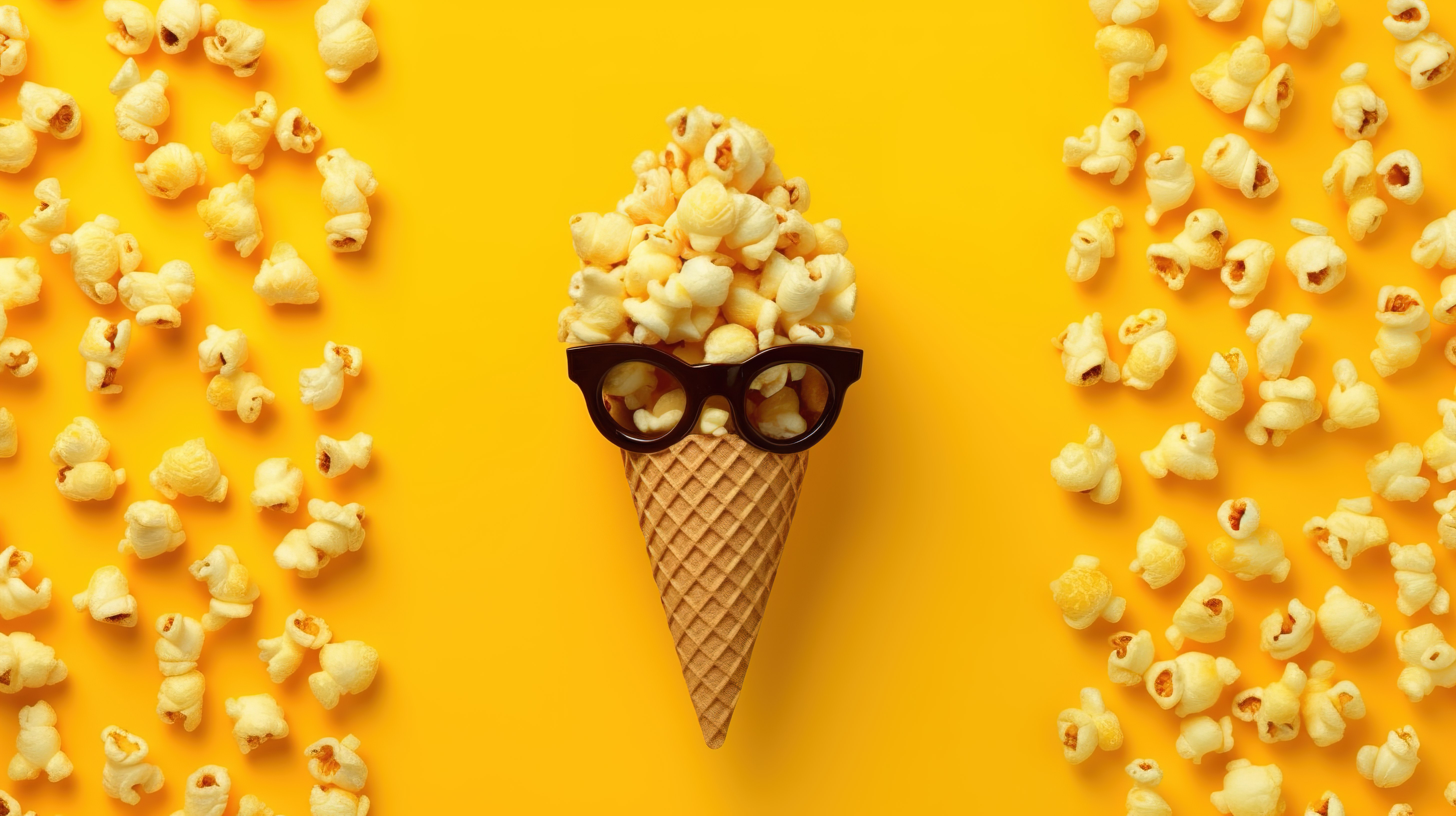 华夫饼锥体中的爆米花冰淇淋 3D 眼镜，大胆的黄色背景，具有戏剧性的阴影，时尚的顶视图和简约的平躺图片