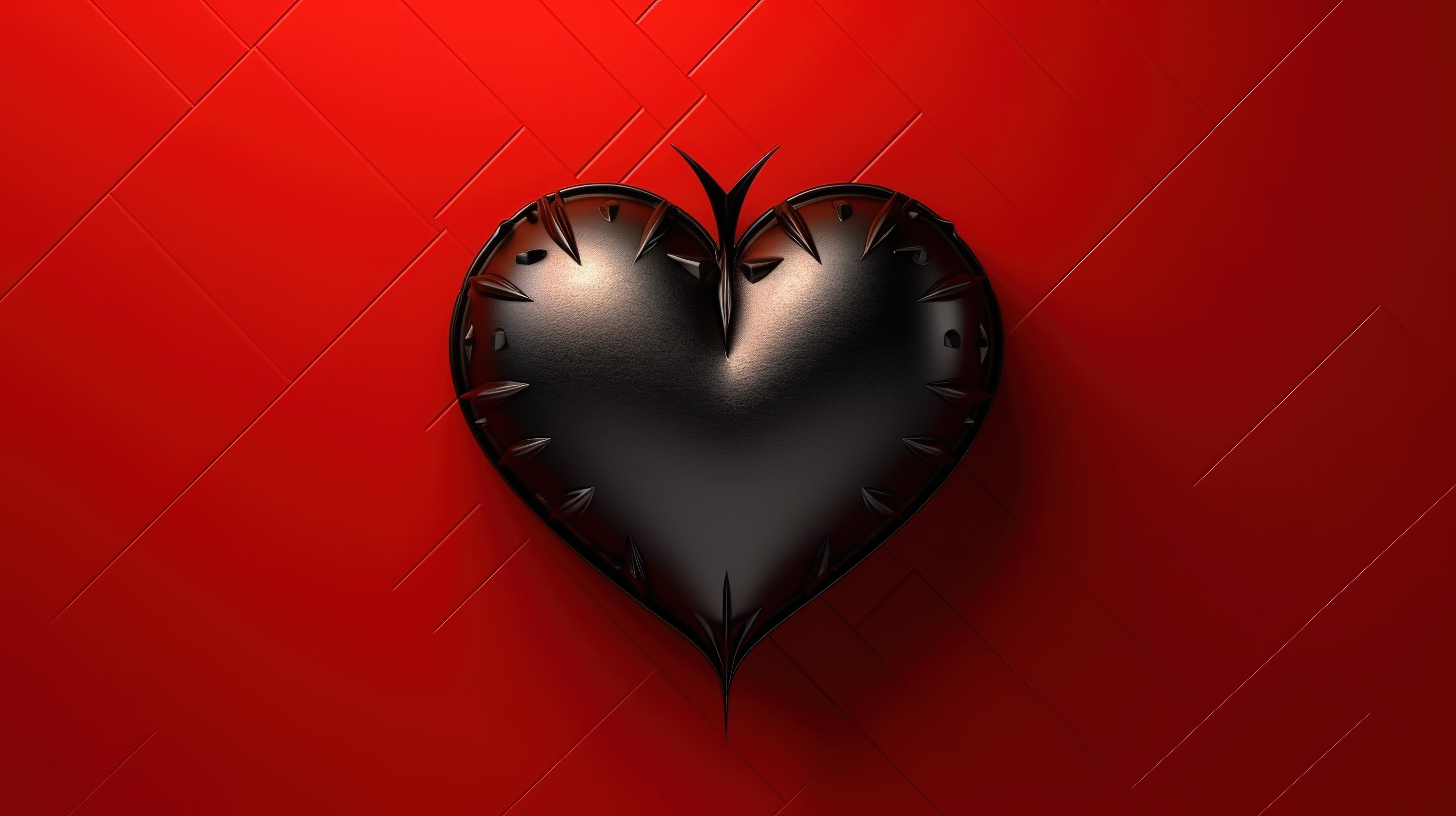 深红色背景下的黑暗心脏象征着 3D 呈现的令人沮丧的情人节图片