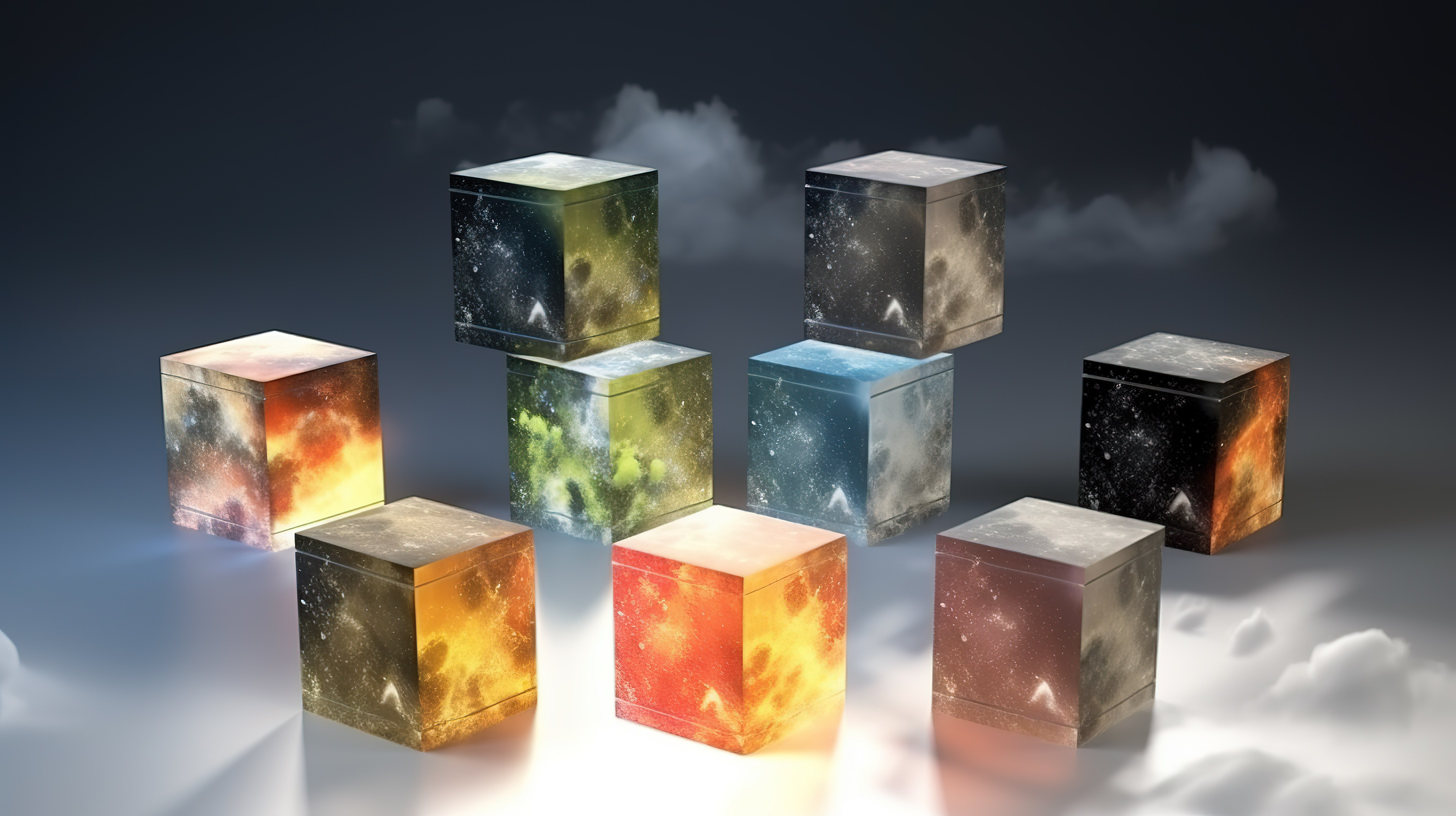 印在分散组中的立方体表面上的天气现象的 3D 插图图片