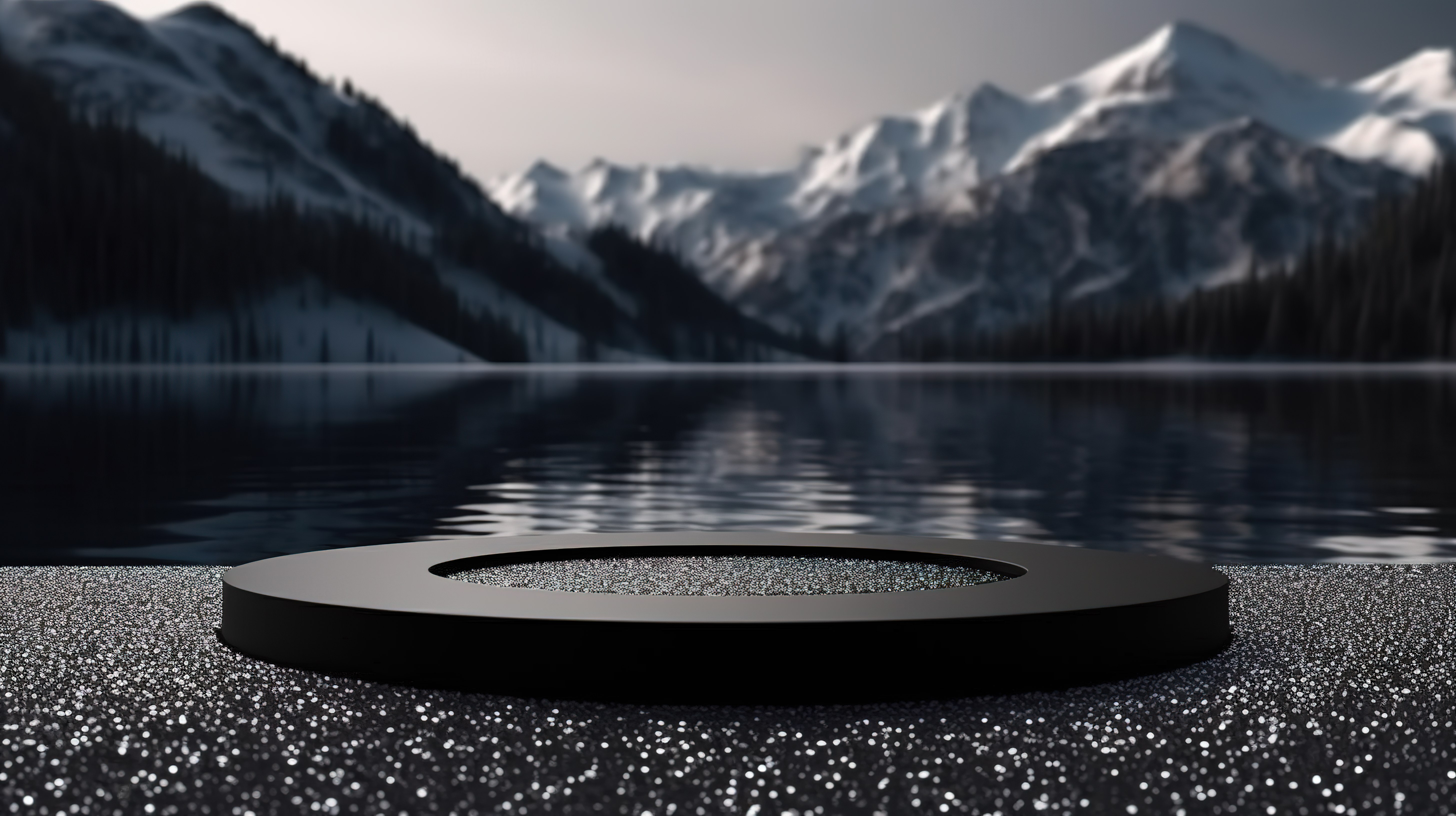 具有景观背景的抽象空间黑色水磨石讲台俯瞰湖池的 3D 渲染图片