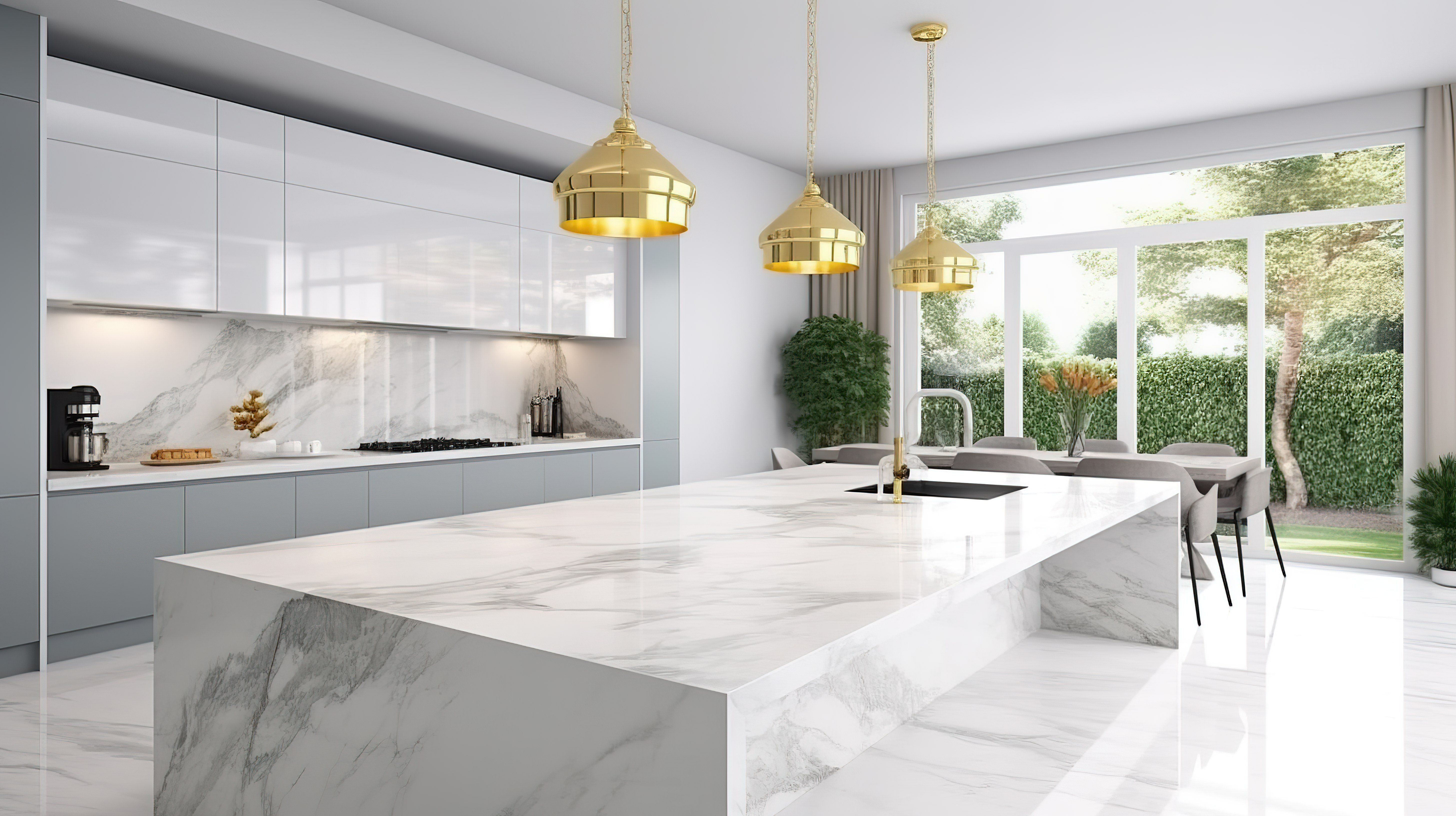 现代大理石厨房岛，白色厨房室内设计 3D 渲染中有充足的复制空间图片