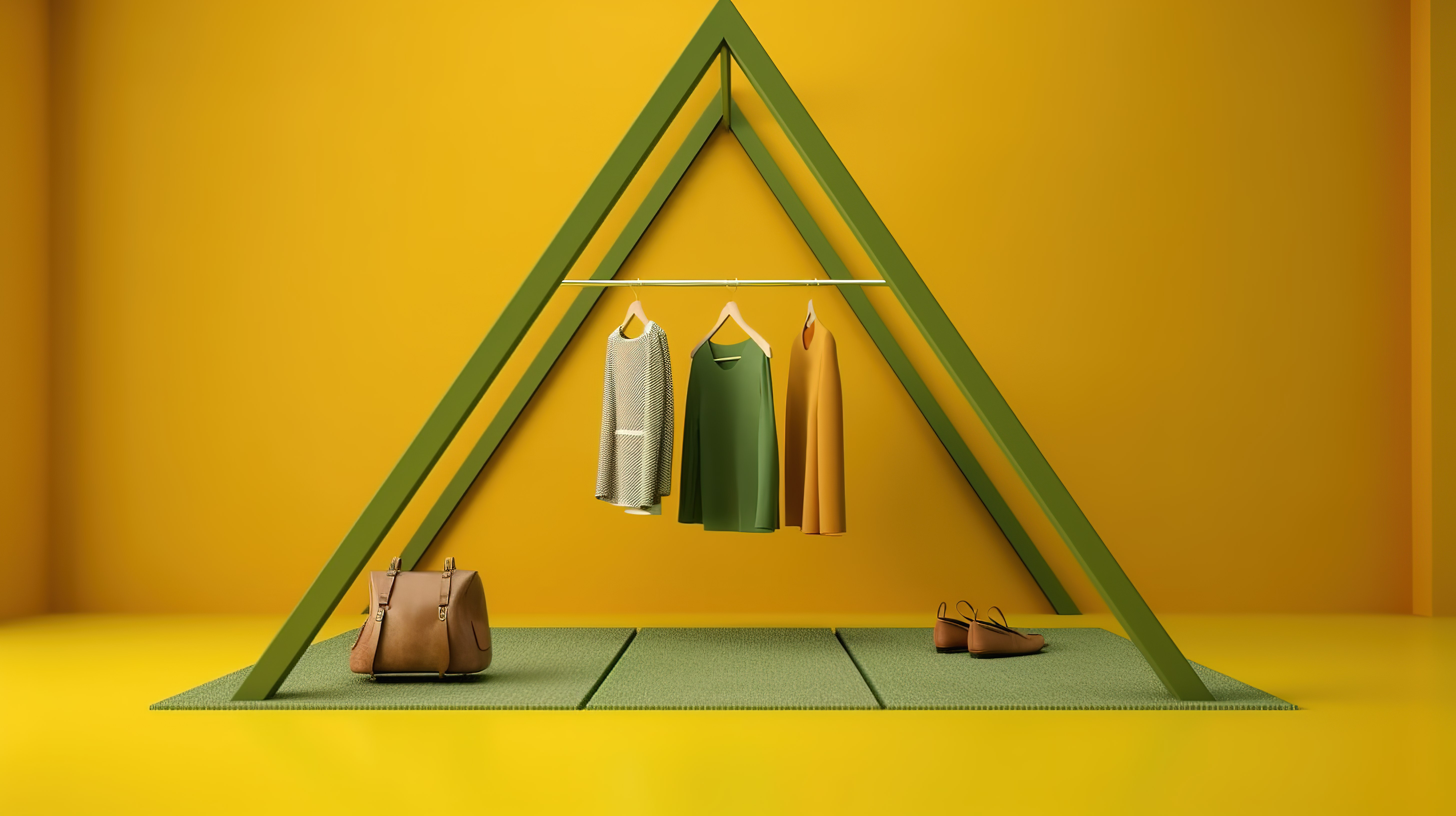 衣架上挂满了衣服，周围环绕着袋子和市场道具，背景是 3D 渲染的几何图案黄色和绿色地板图片