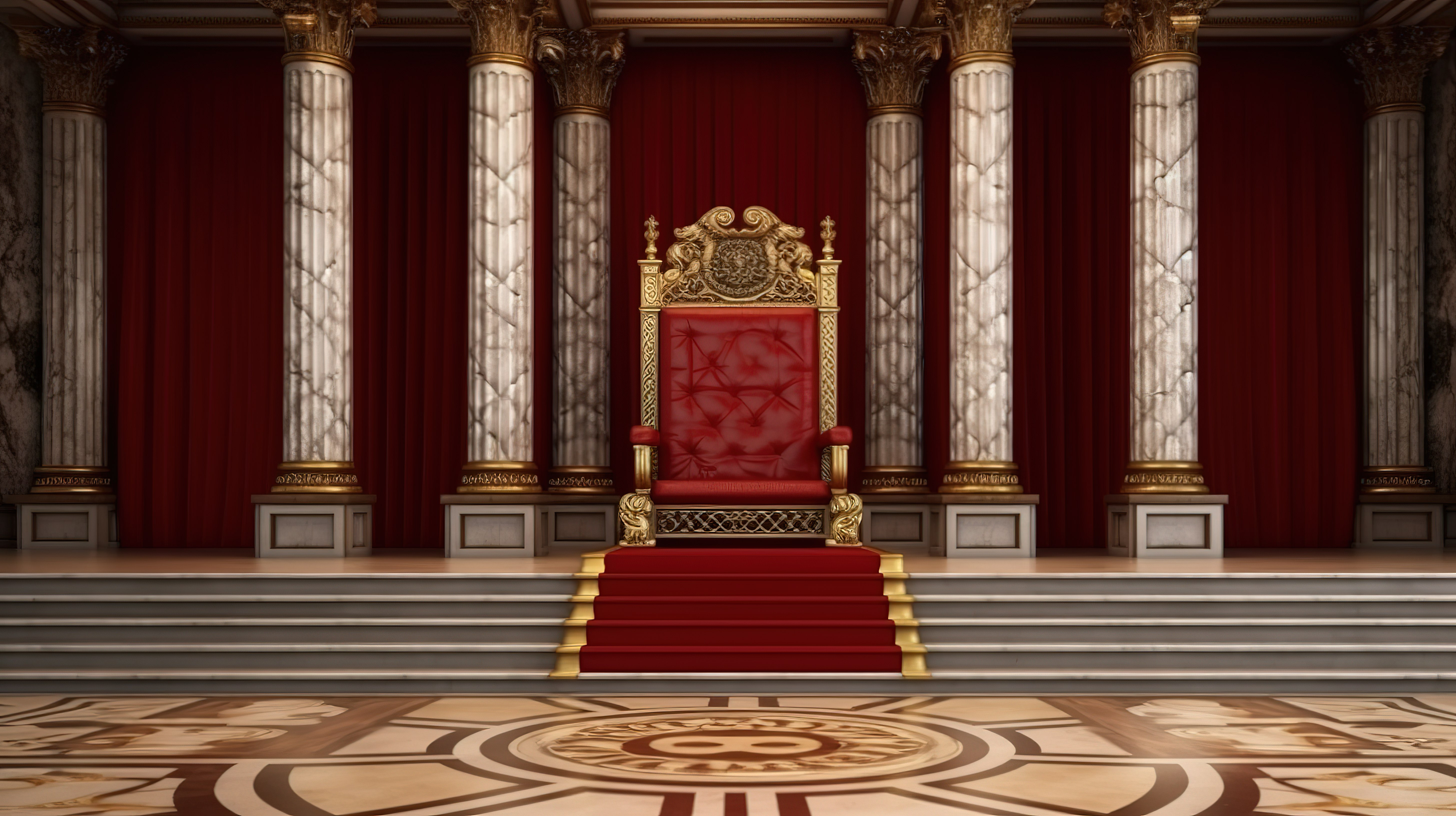 富丽堂皇的红色王座，带有 3D 渲染楼梯，以宫殿为背景图片