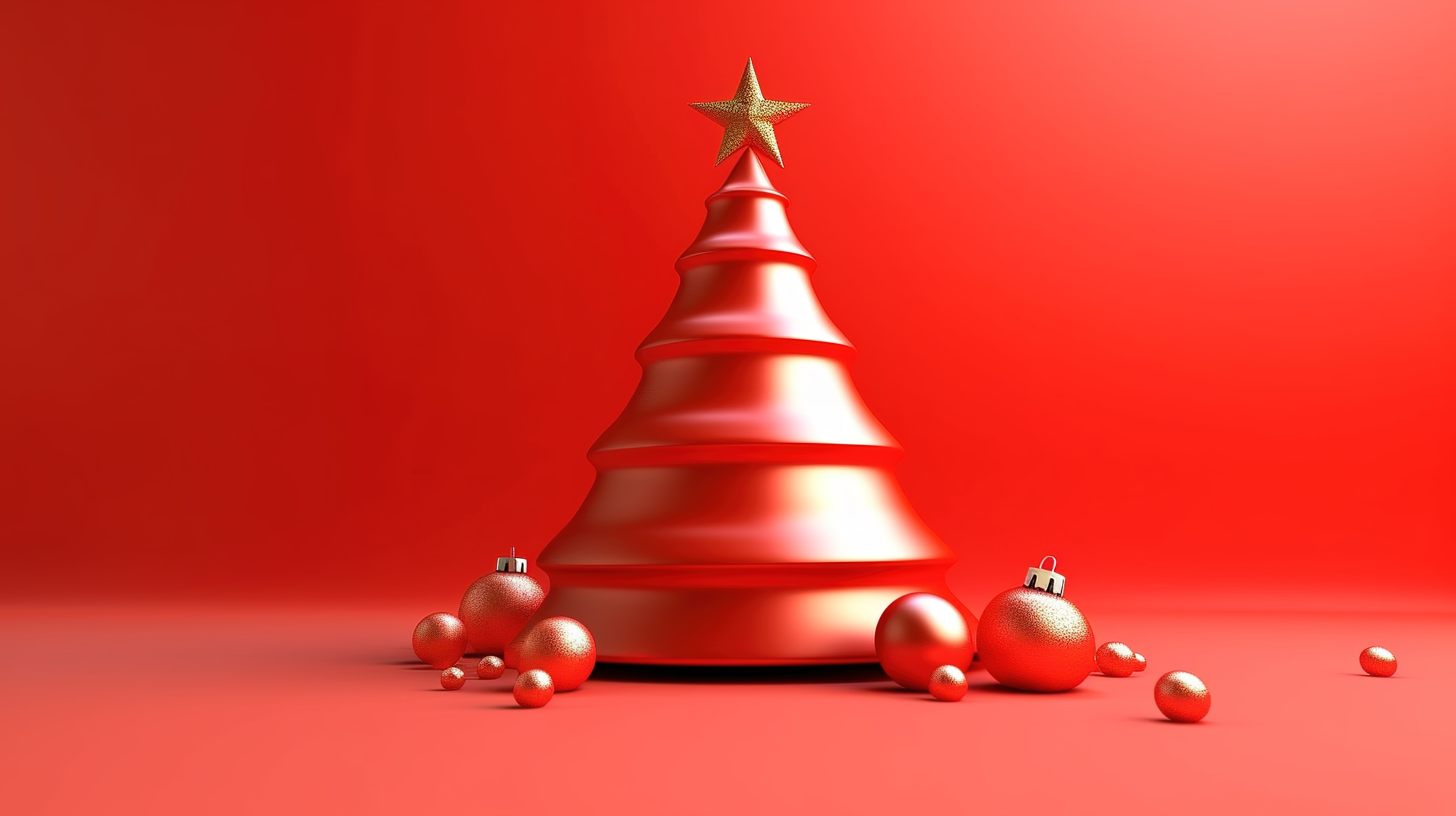 红色主题圣诞树与圣诞老人帽子的 3D 插图图片