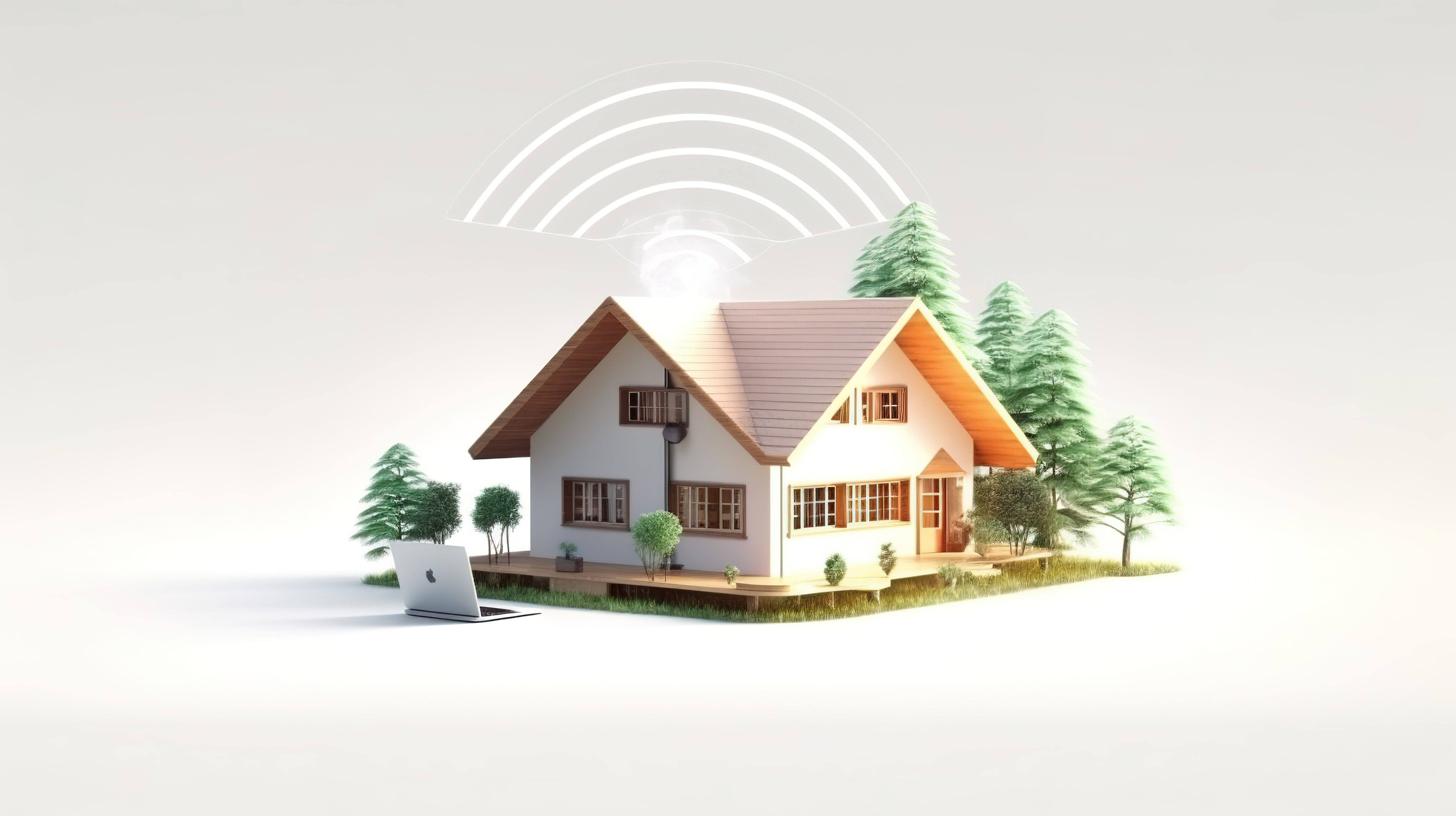 白色背景小屋中的现代 wifi 路由器描绘了家庭无线网络 3d 渲染的概念图片