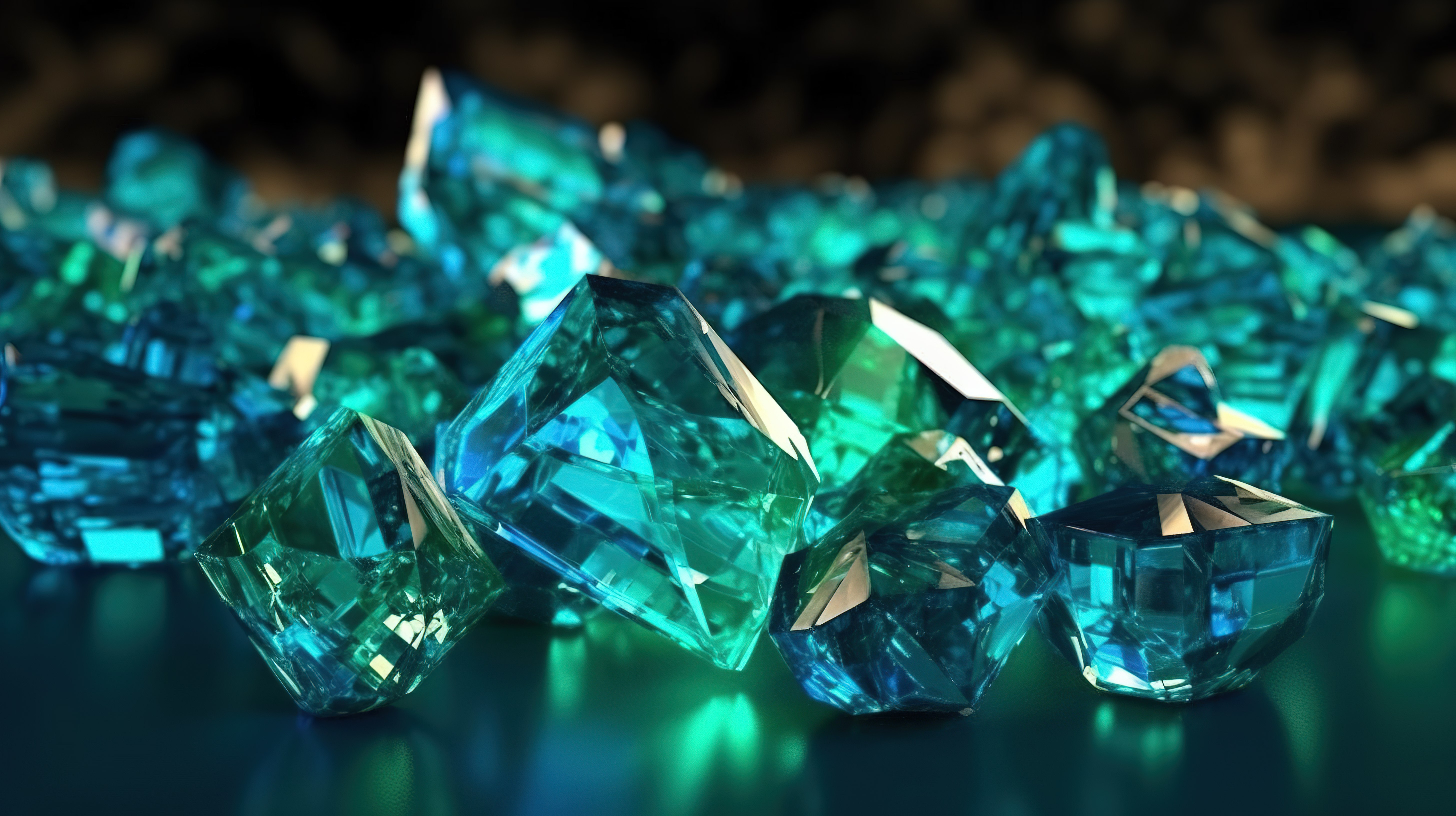 3D 渲染令人惊叹的蓝色和绿色水晶宝石，镶嵌在珍贵的矿井中图片