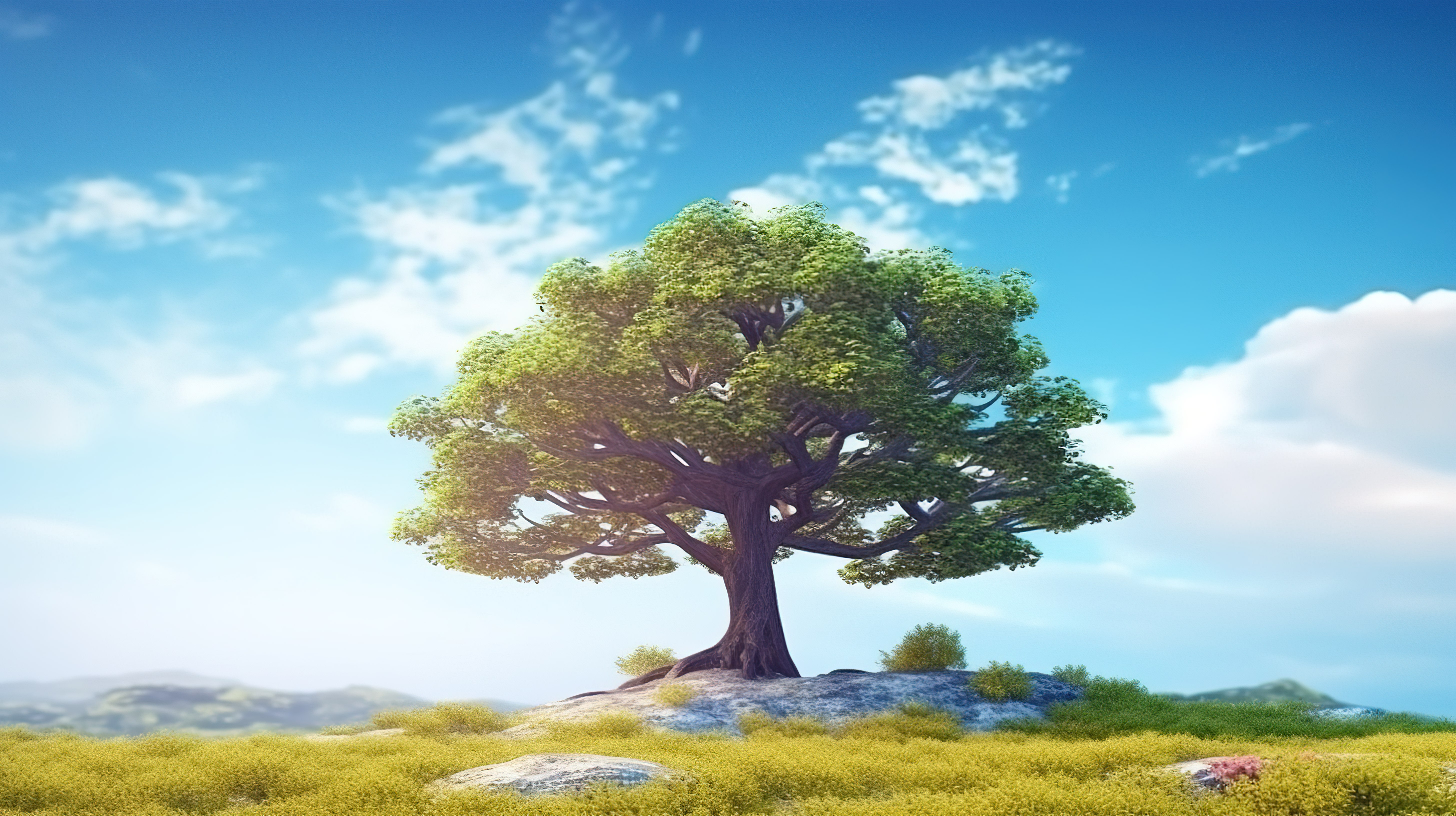 蓝天背景下的宏伟树激发自然和景观 3D 可视化图片