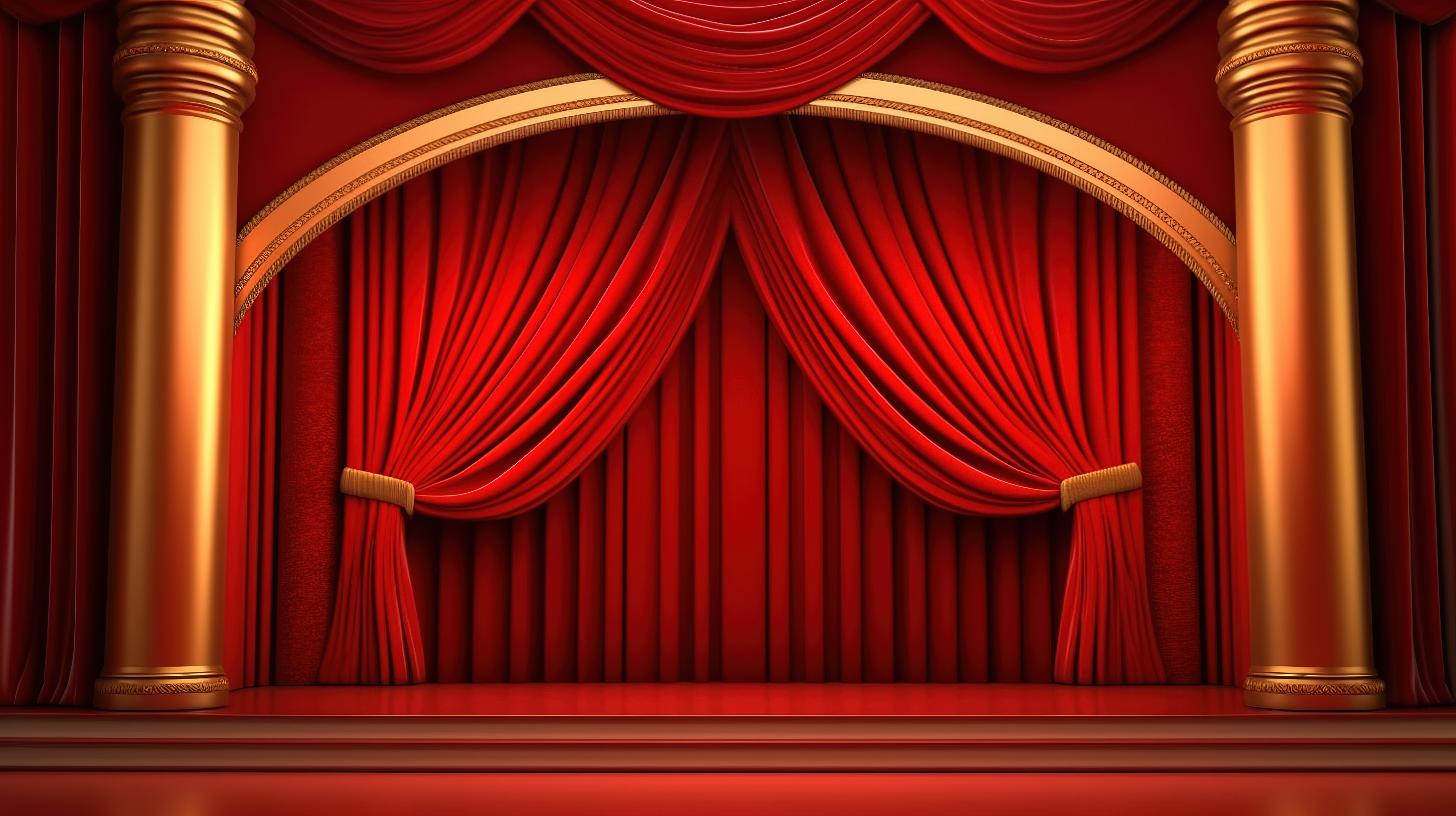 红色剧院幕布背景下的红色和金色舞台的 3D 渲染图片