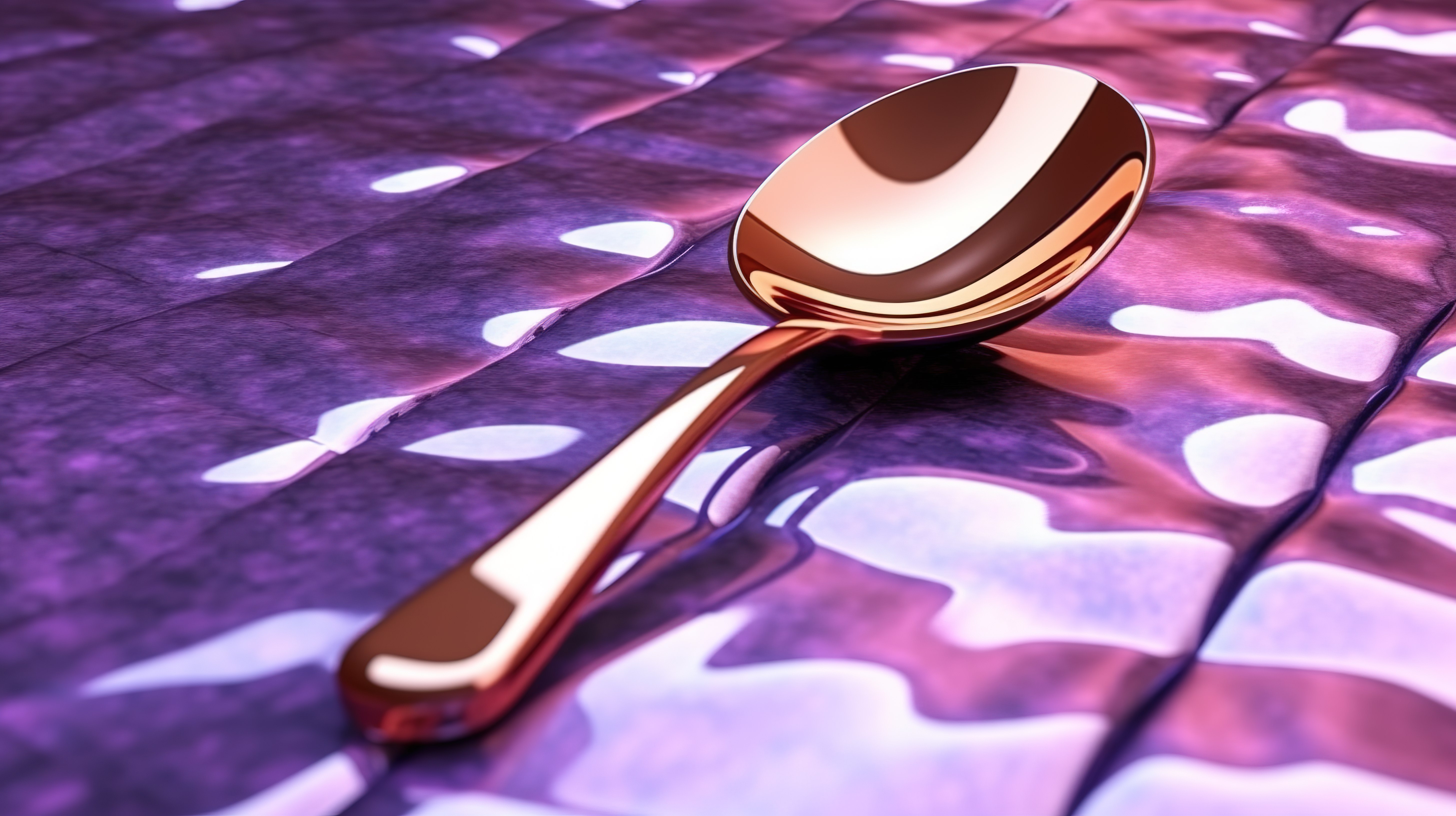 带金属铜叉子和勺子的紫罗兰色紫色地板的 3D 渲染图片