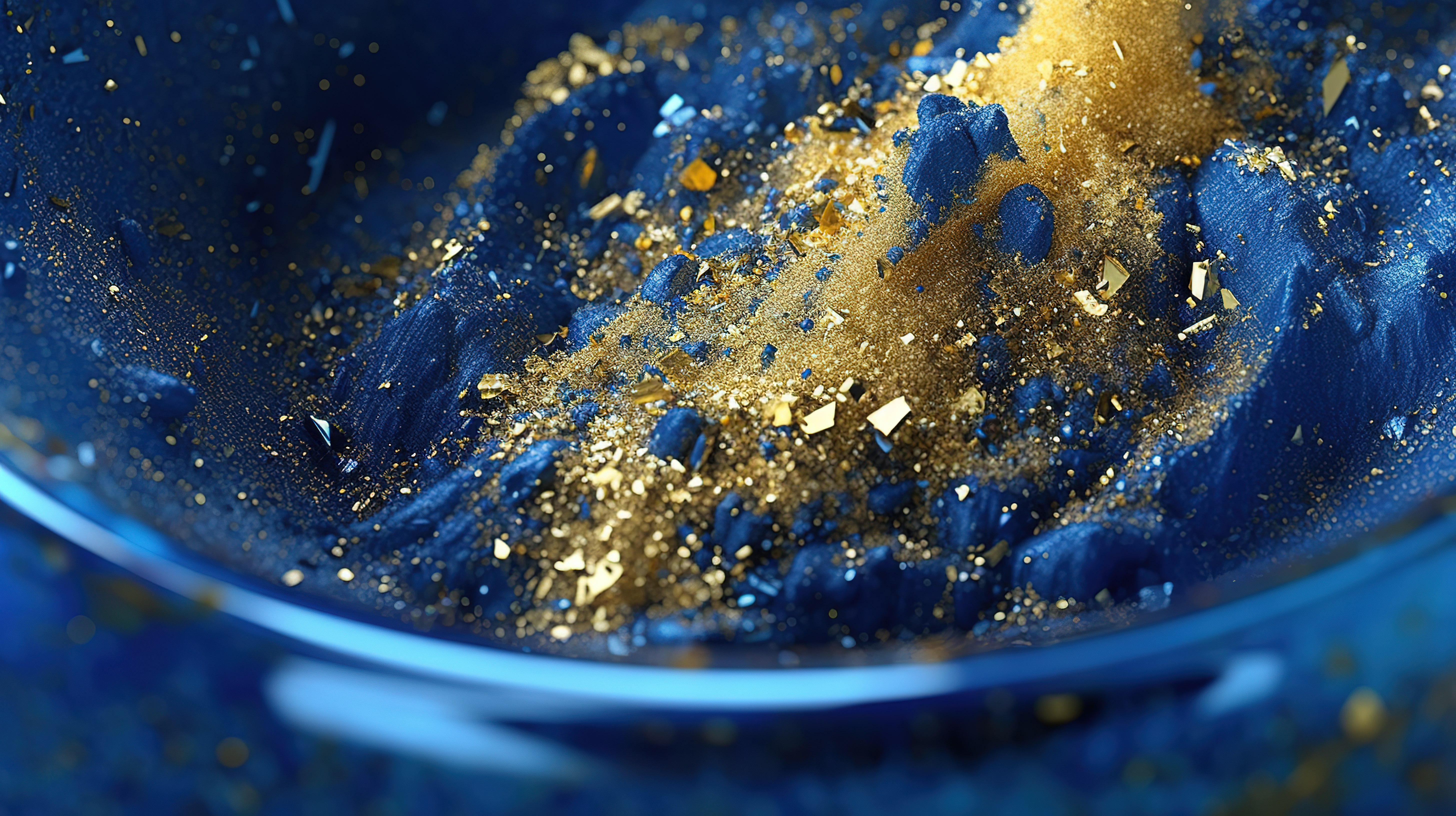 抽象背景，带有蓝色粉末和闪闪发光的金色闪光的 3D 艺术品，特写图片