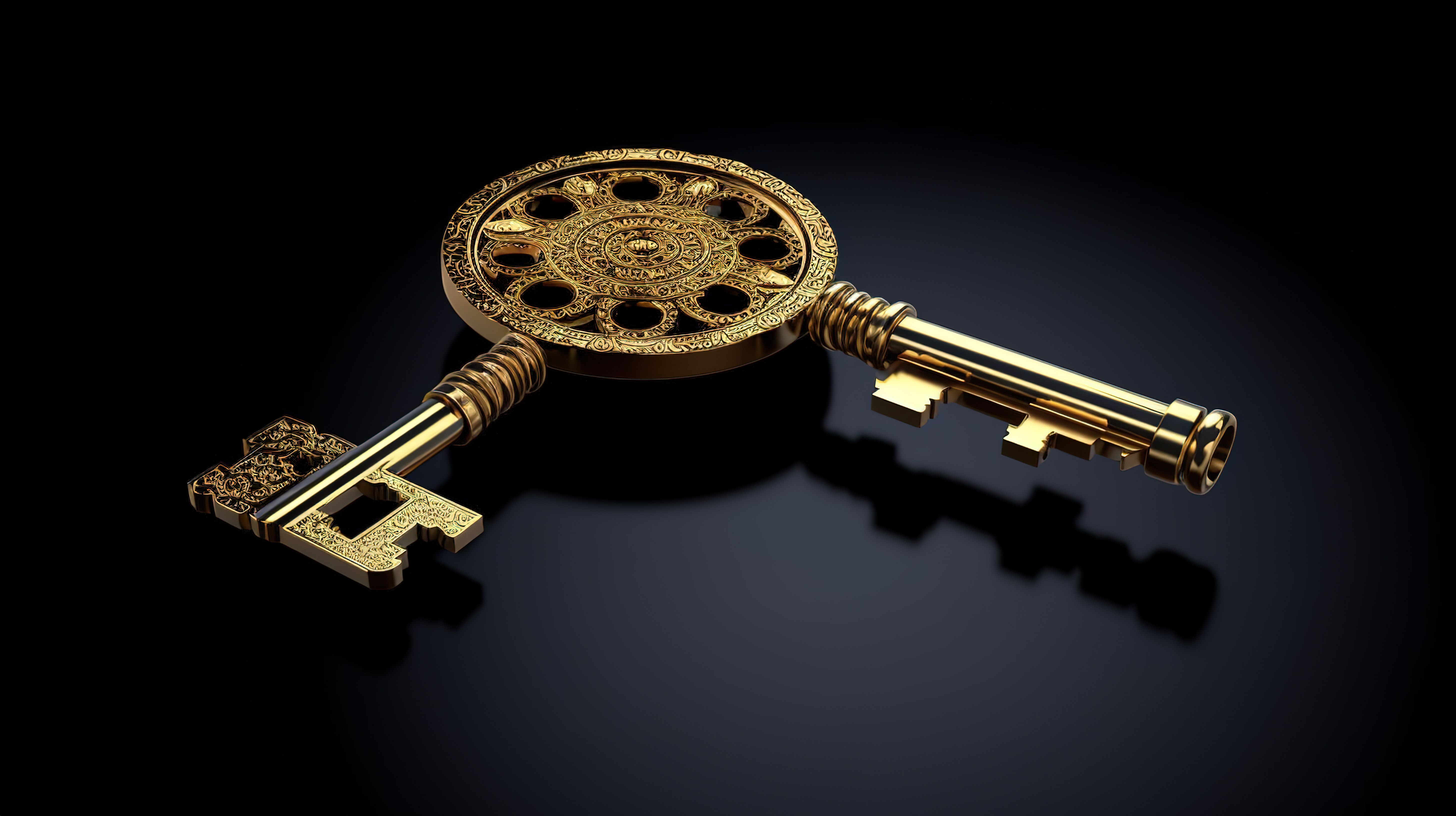 深色金属背景上的 3D 渲染财富金钥匙图片