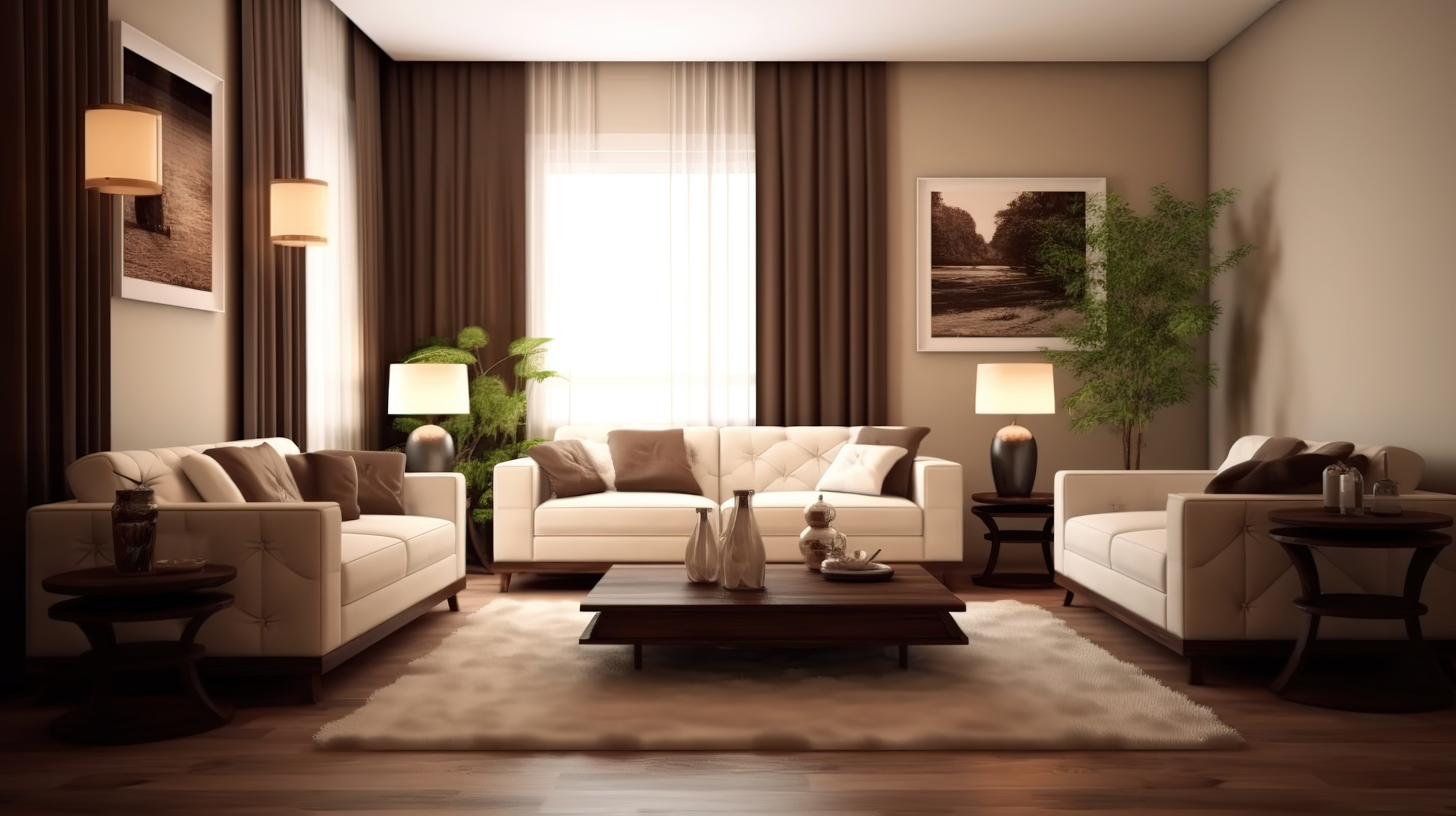 精致的奶油色和棕色休息室设计，配有深木家具浓郁棕色色调的布沙发和令人惊叹的 3D 图像图片