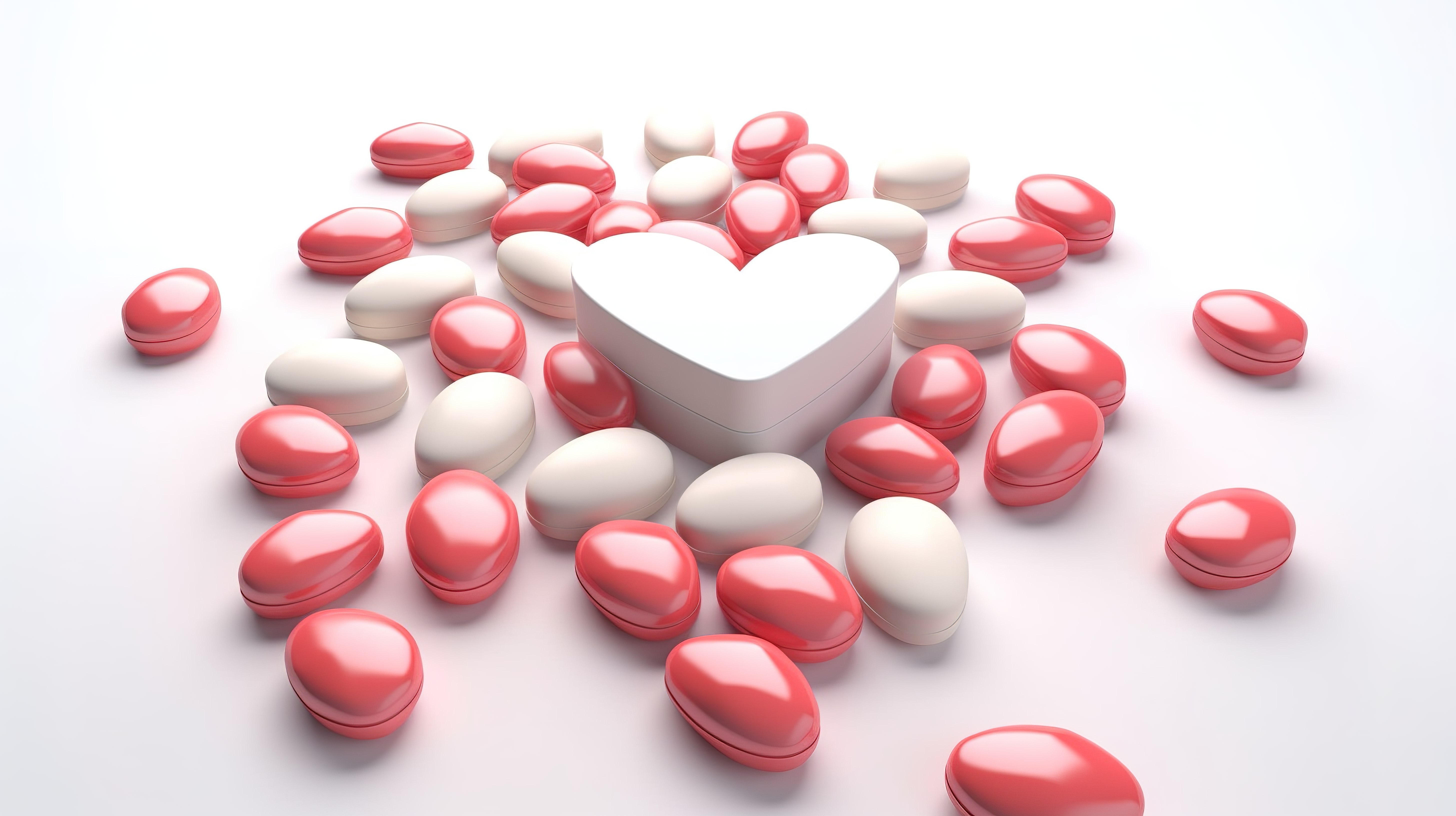 白色背景上一颗心形药丸的 3D 插图图片