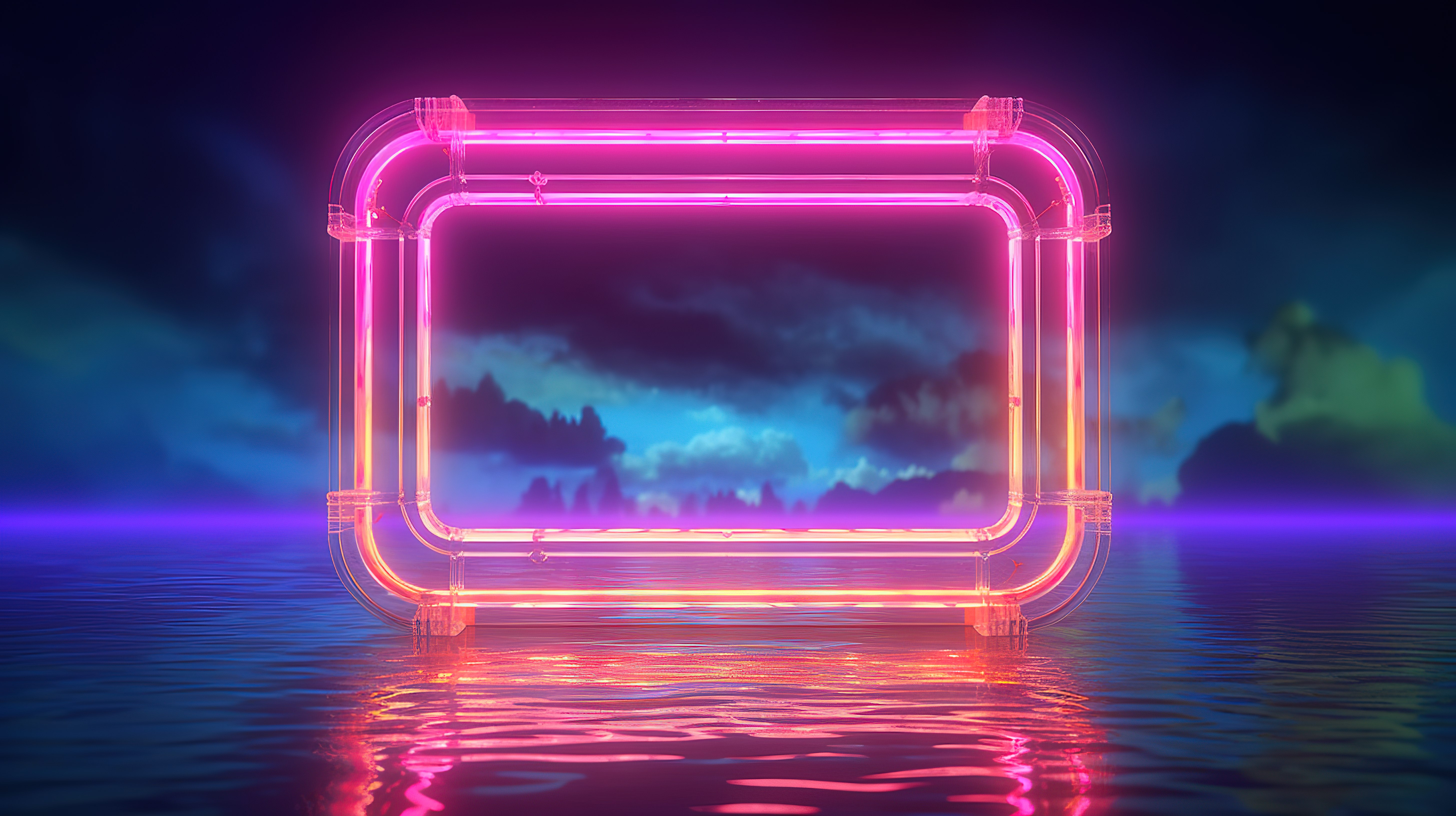 充满活力的霓虹灯边框在水生环境朦胧的背景 3D 渲染中闪烁着五彩光谱图片