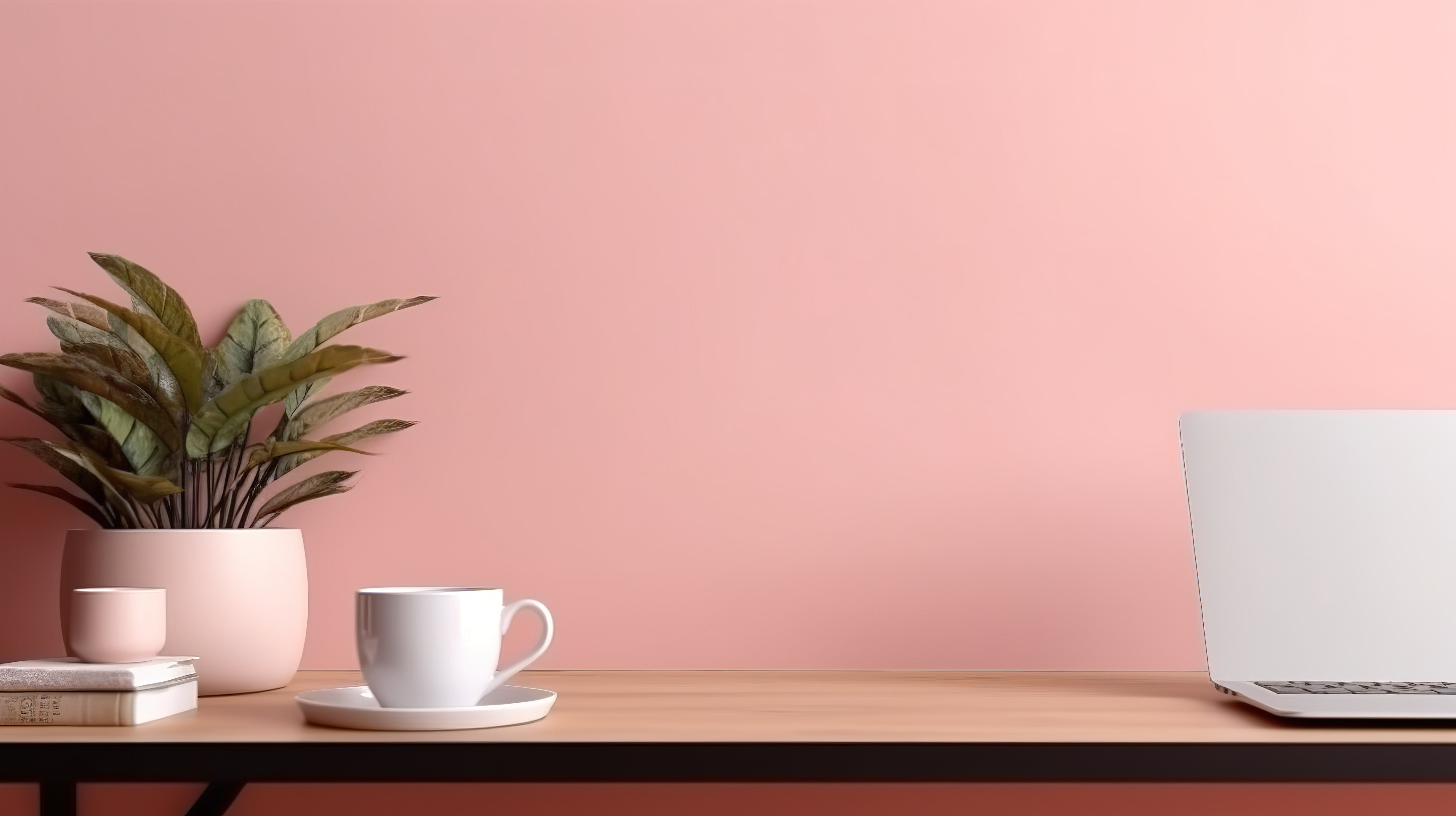 笔记本电脑屏幕咖啡杯和桌子上的植物在单色墙壁上的真实 3D 渲染图片