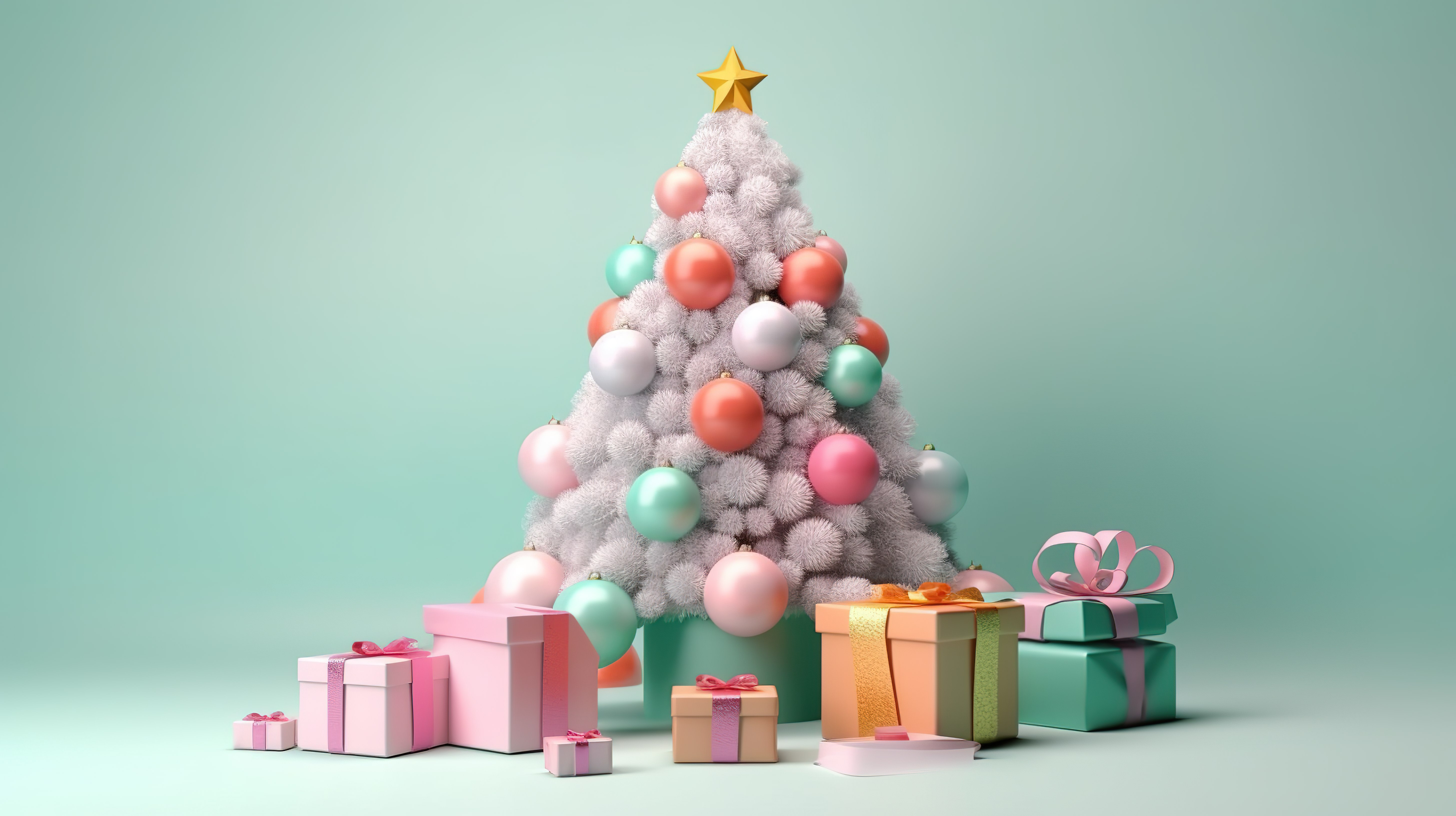 一个欢乐的节日，糖果充满的礼品盒和圣诞树在柔和的雪背景 3d 渲染图片