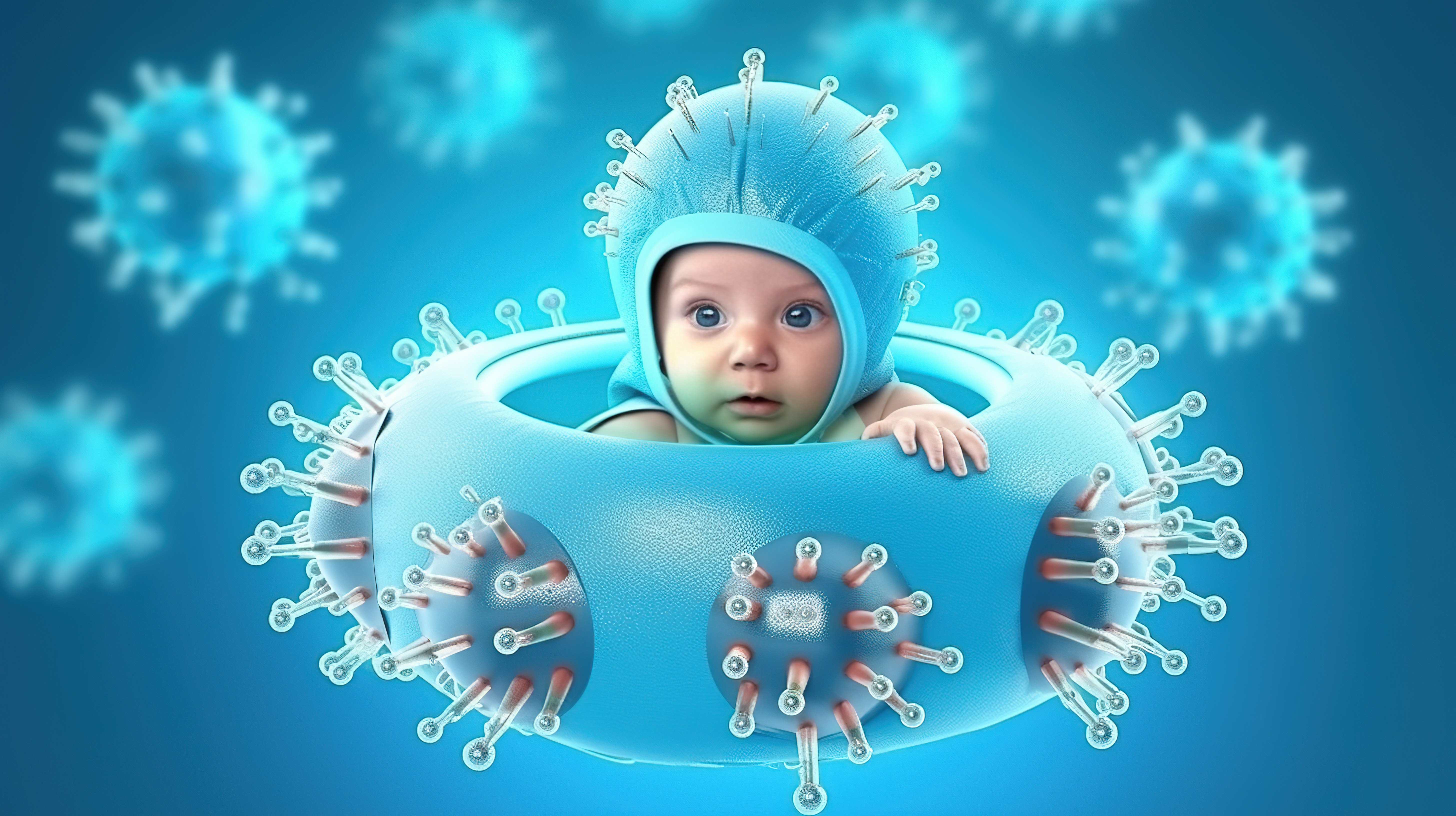 保卫你的宝宝 3D 渲染的盾牌，防止电晕病毒细胞传播图片