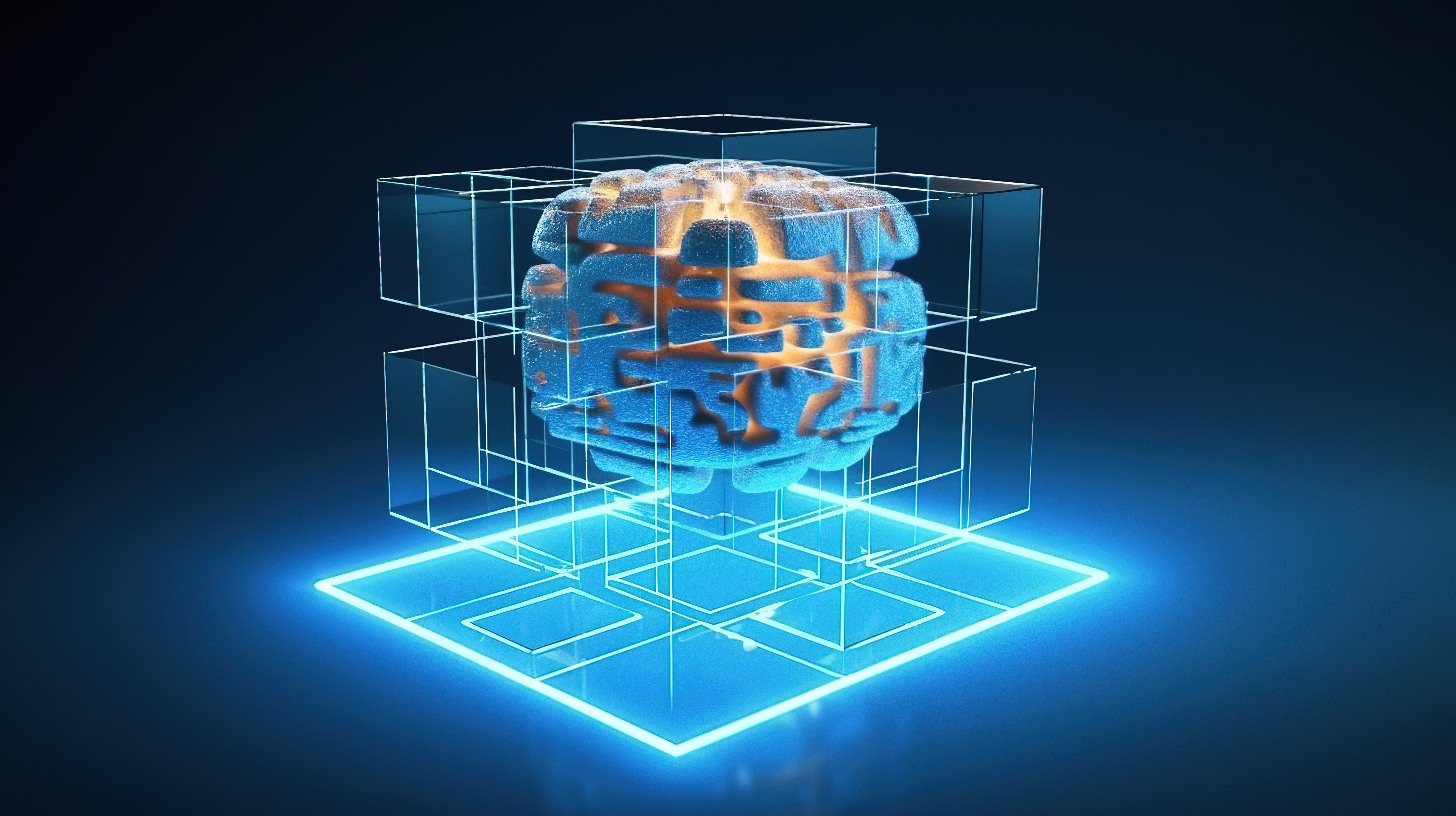 蓝色背景下包围全息大脑的多个矩形的 3D 渲染人工智能概念图片