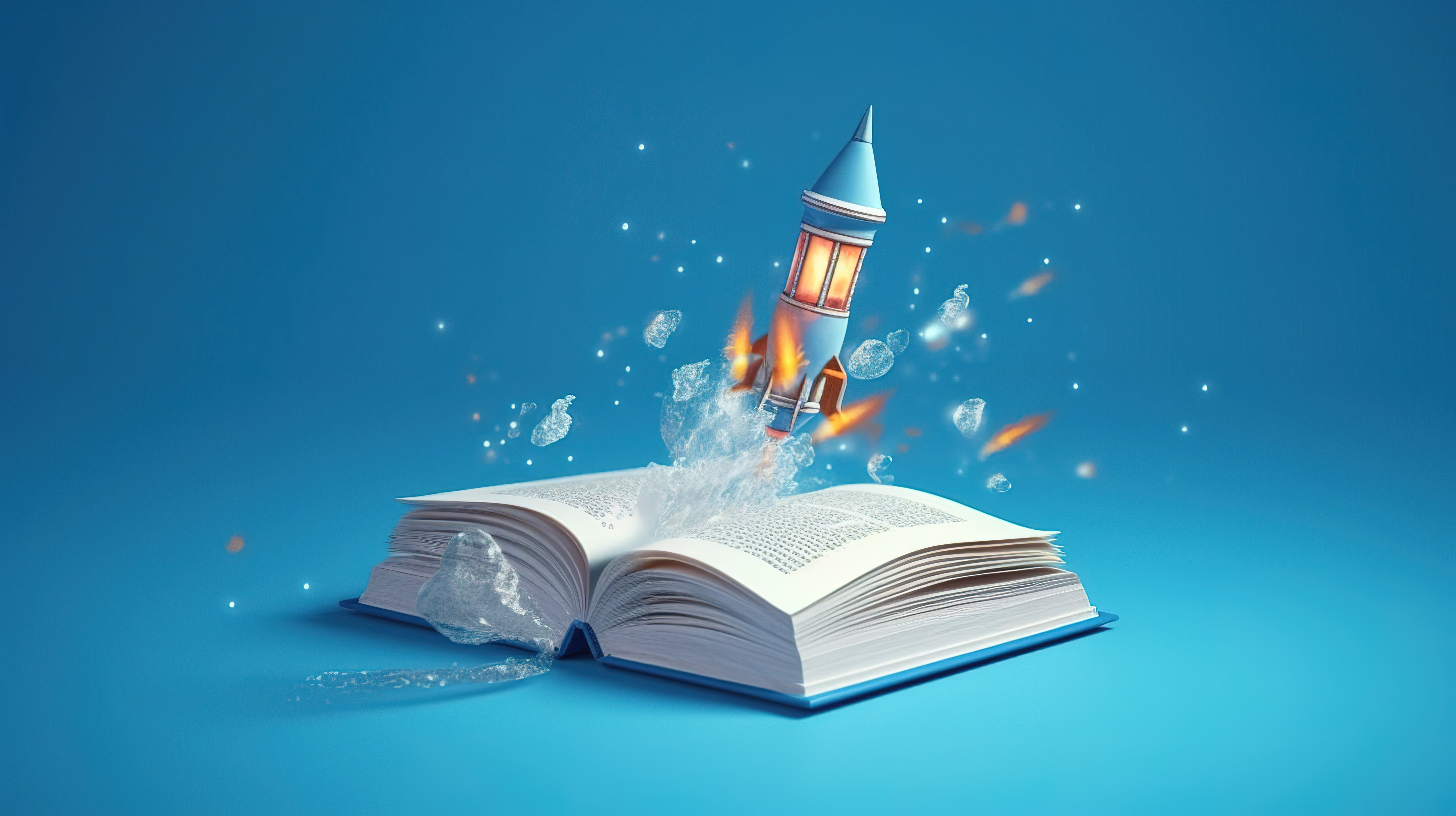 创新思维激发火箭从书中发射，在蓝色背景 3D 渲染插图上创建一条烟雾轨迹图片
