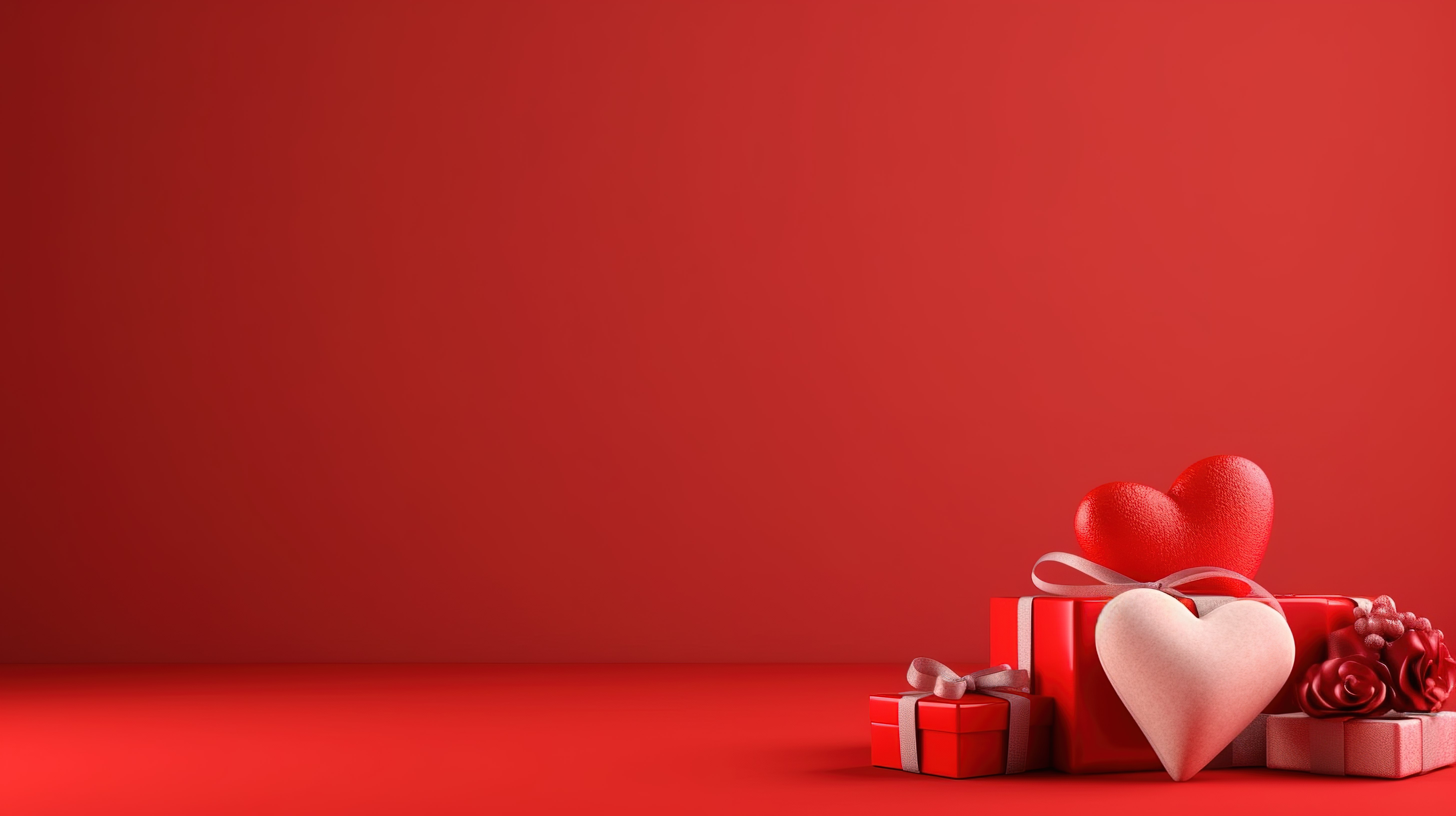 红色背景的 3D 插图，包括心形礼物和情人节横幅文本空间的盒子图片
