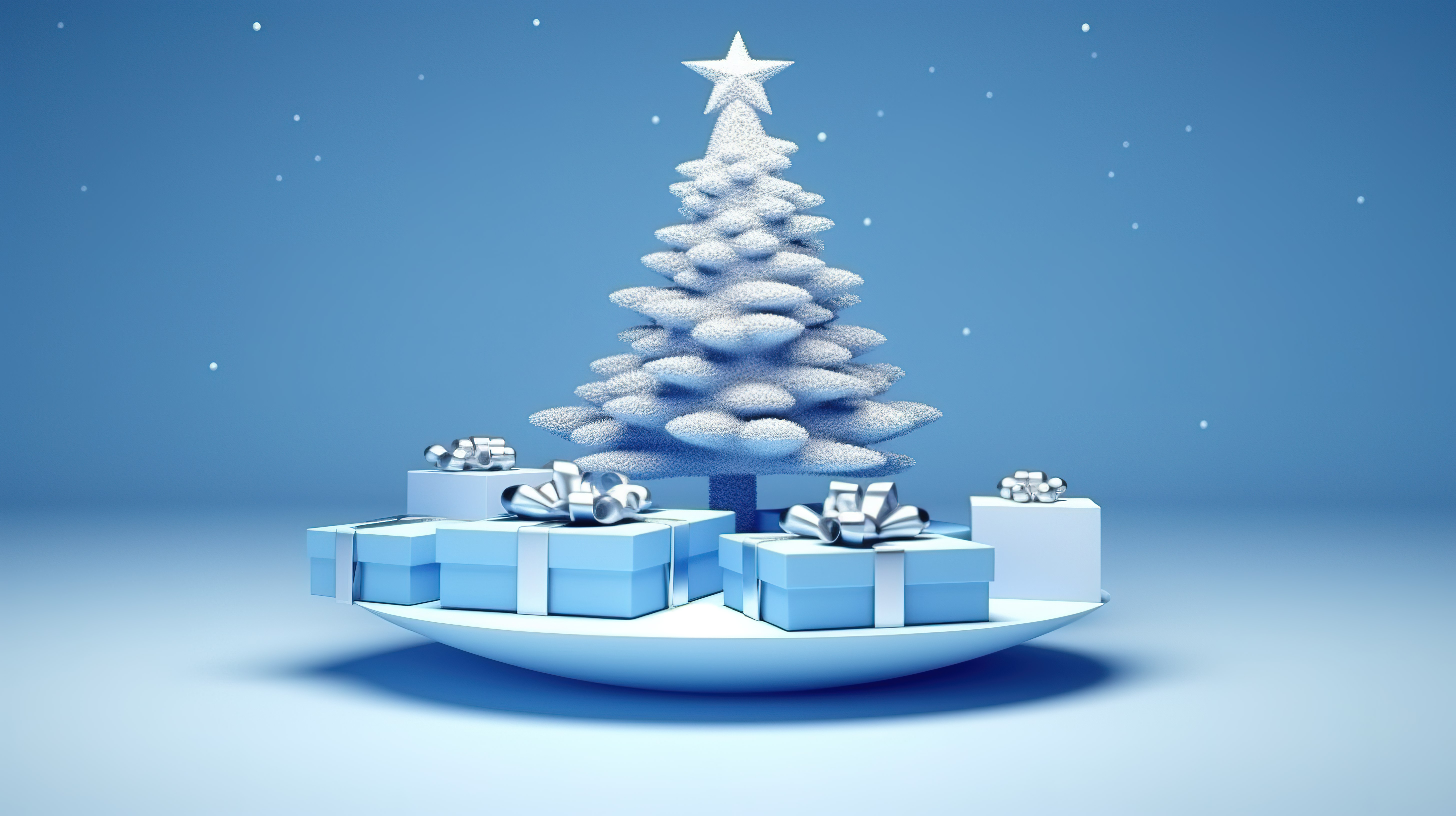 3D 蓝色设计讲台，配有积雪的圣诞树和礼品盒，祝您圣诞快乐，新年快乐图片