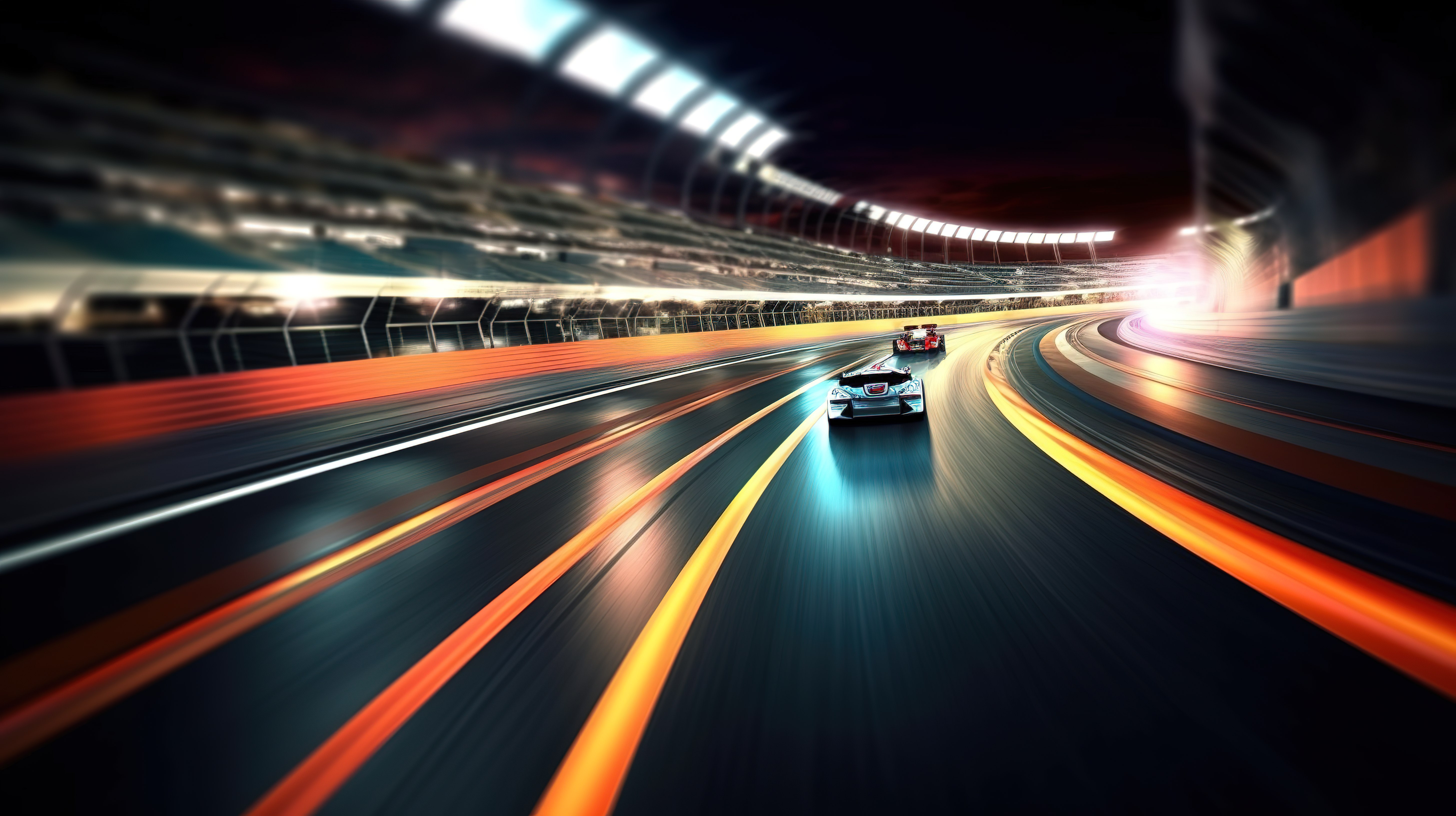 在国际赛道上以运动模糊的方式加速冲过终点线的赛车手的夜间 3D 渲染图片