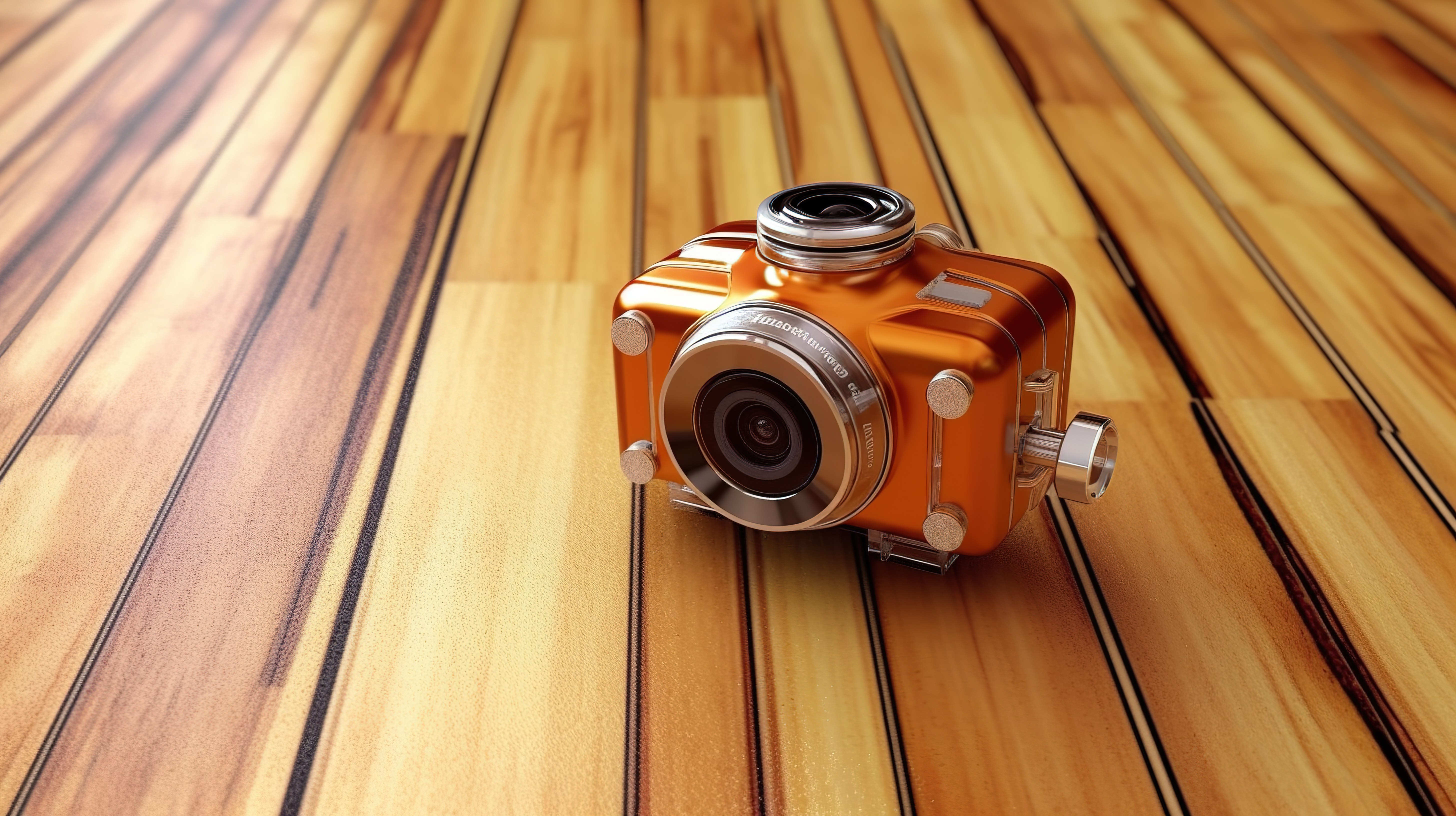 3D 渲染的超高清动作相机放在木桌上图片