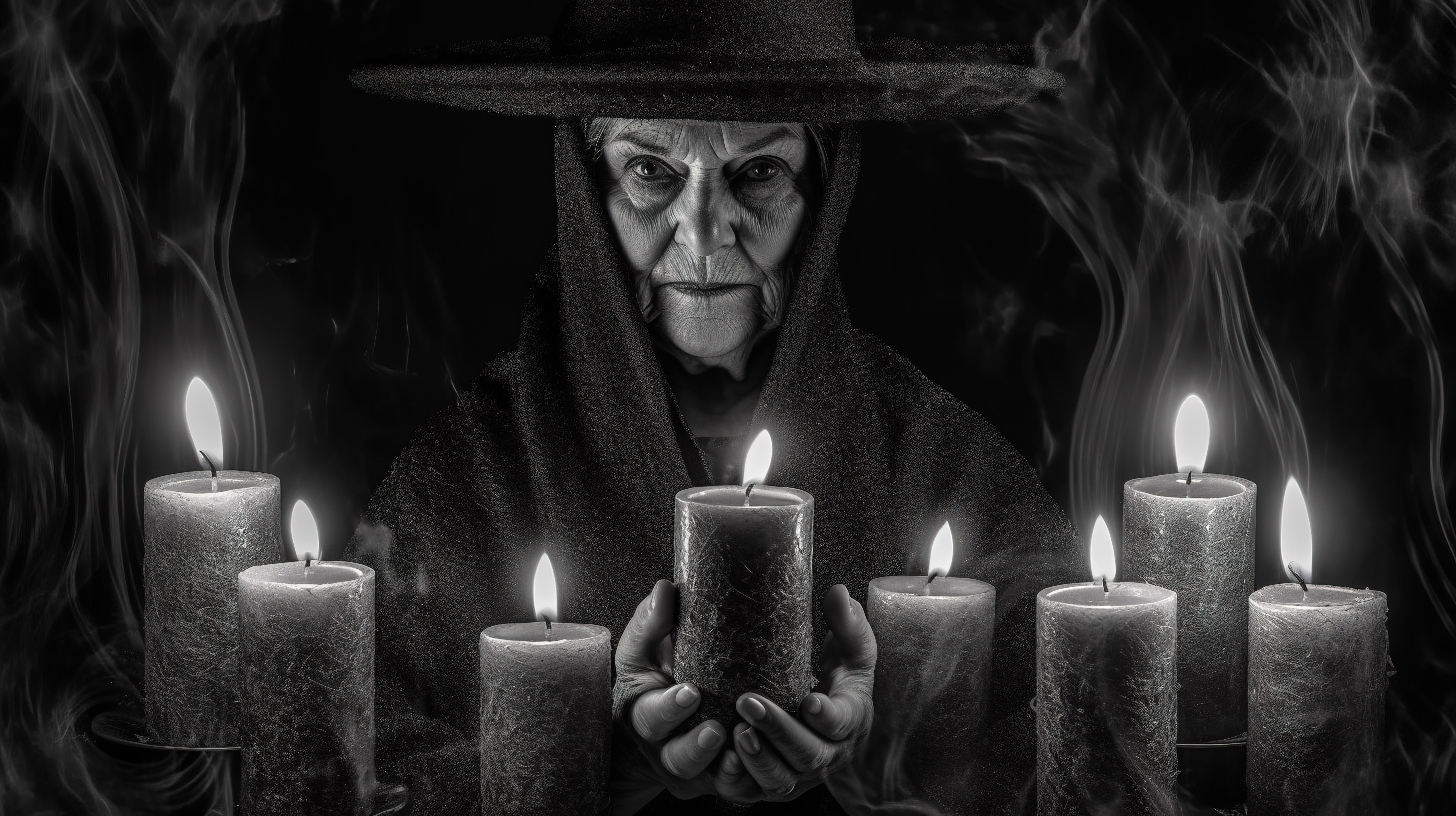 邪恶的女巫手中握着蜡烛，带有黑白 3D 故障虚拟现实扭曲图片