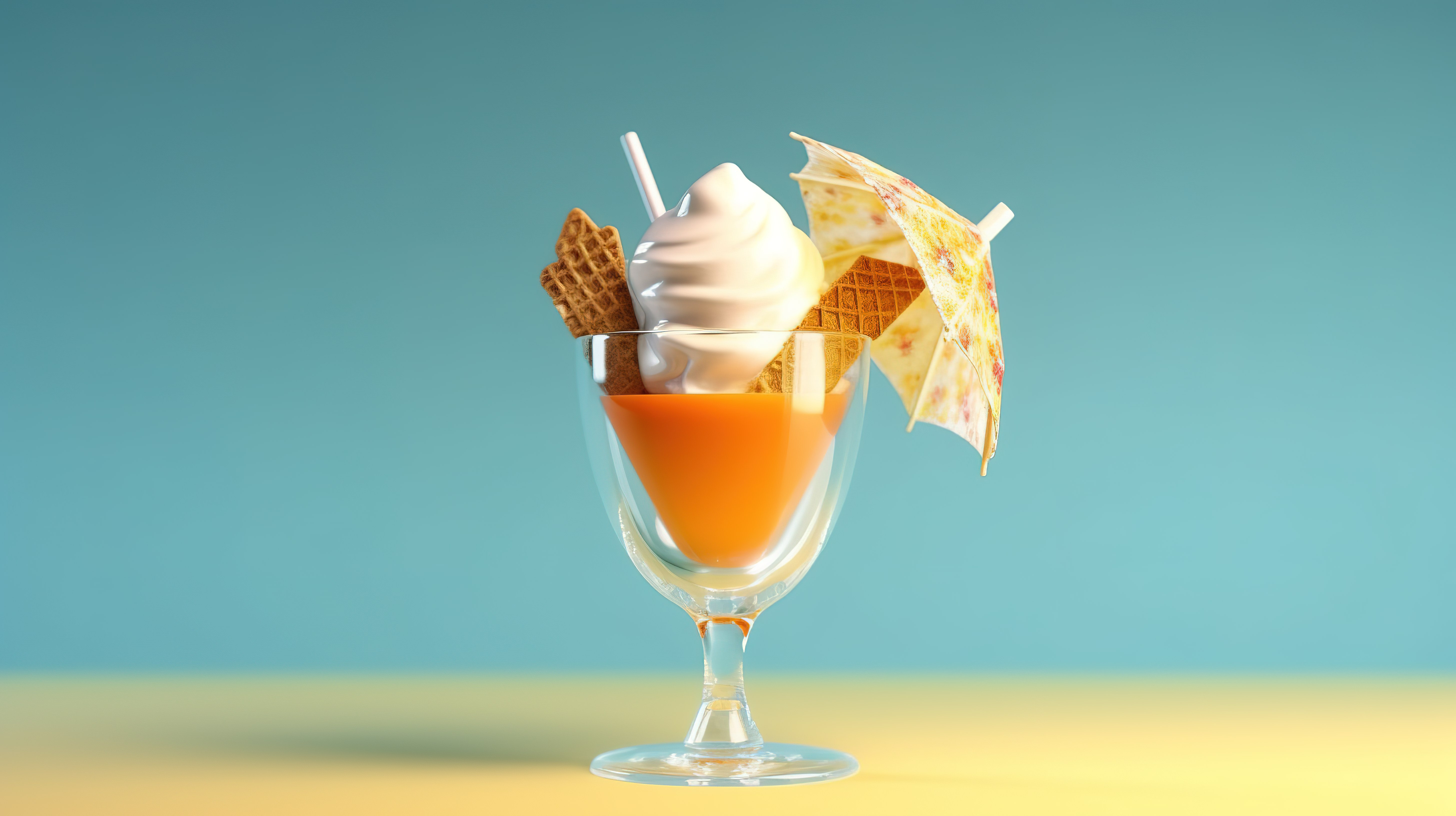 带有节日伞的玻璃杯中冰淇淋圣代的 3D 插图图片