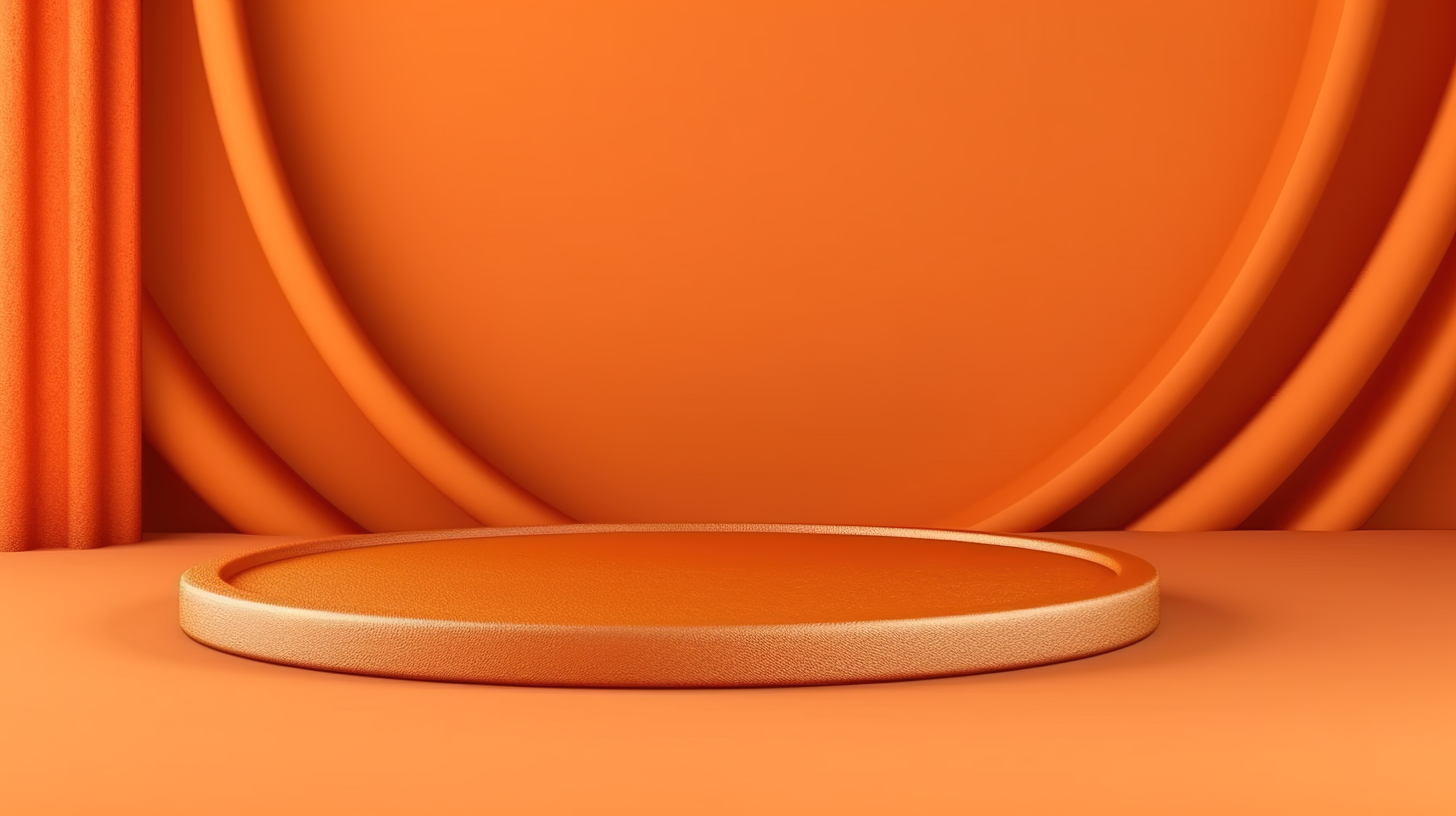 华丽的 3D 最小产品展示在充满活力的橙色金色装饰圆柱讲台上纹理波浪背景图片