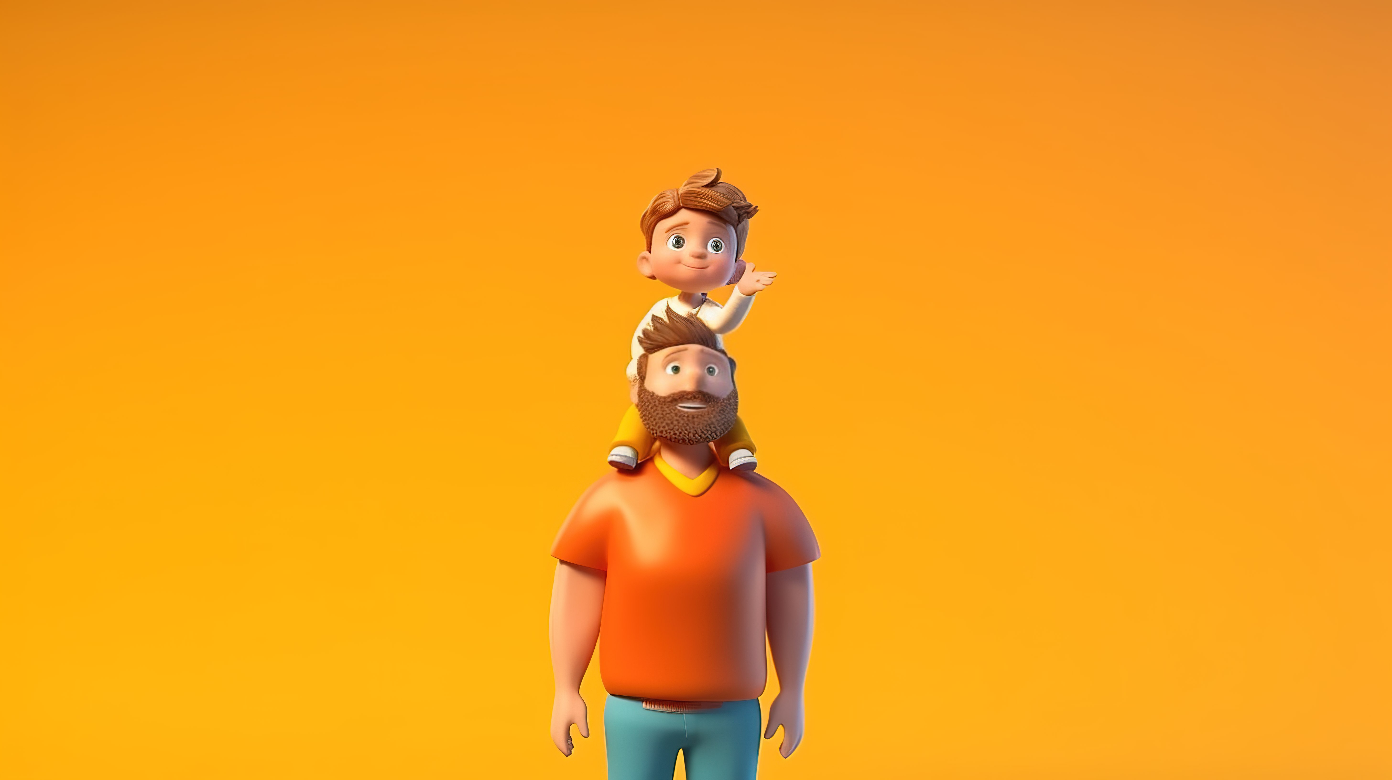 父亲走路时肩上扛着儿子的 3D 插图图片