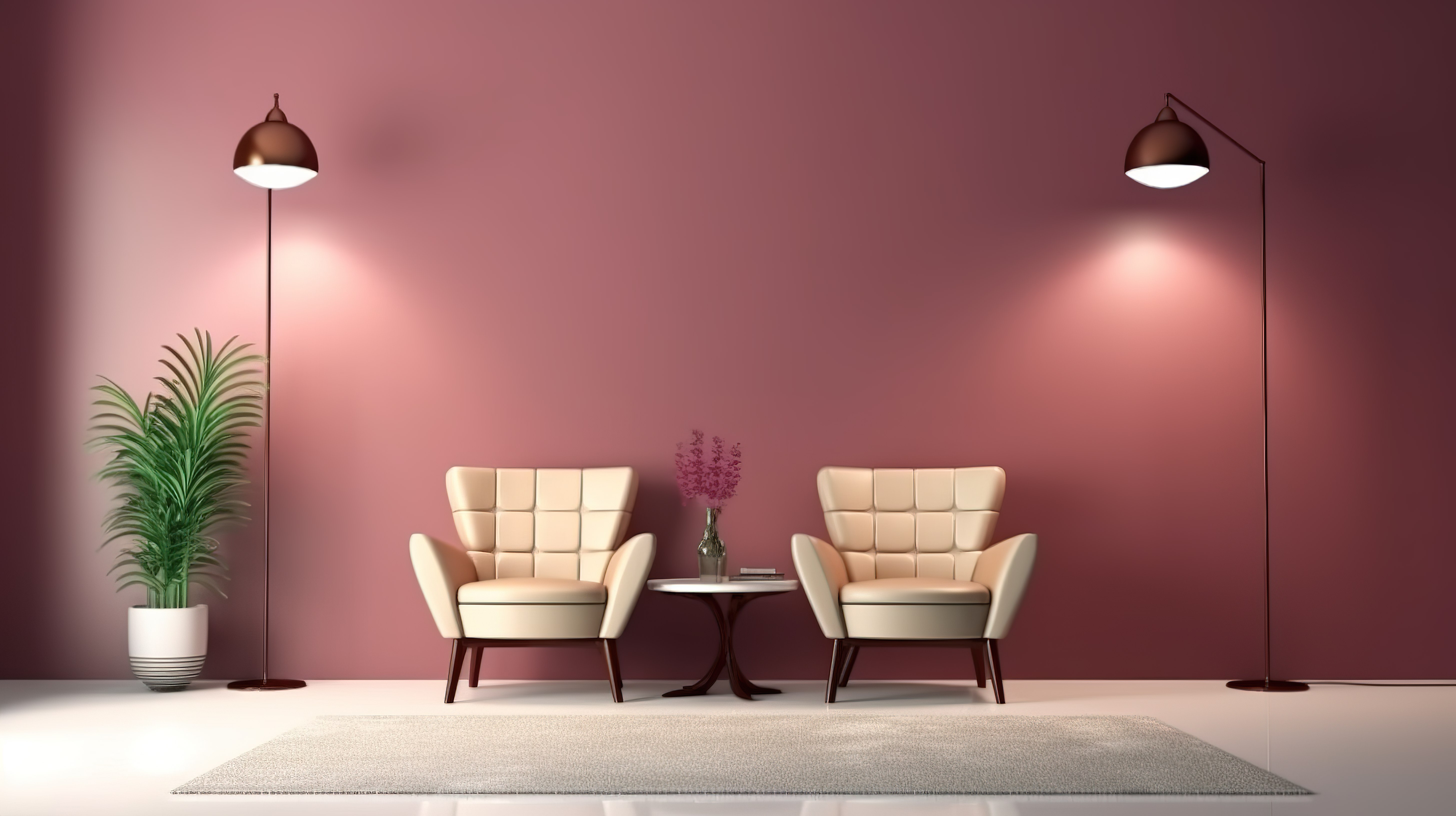 勃艮第口音墙突出显示柔和的现代室内 3D 渲染中的软扶手椅植物和灯具图片