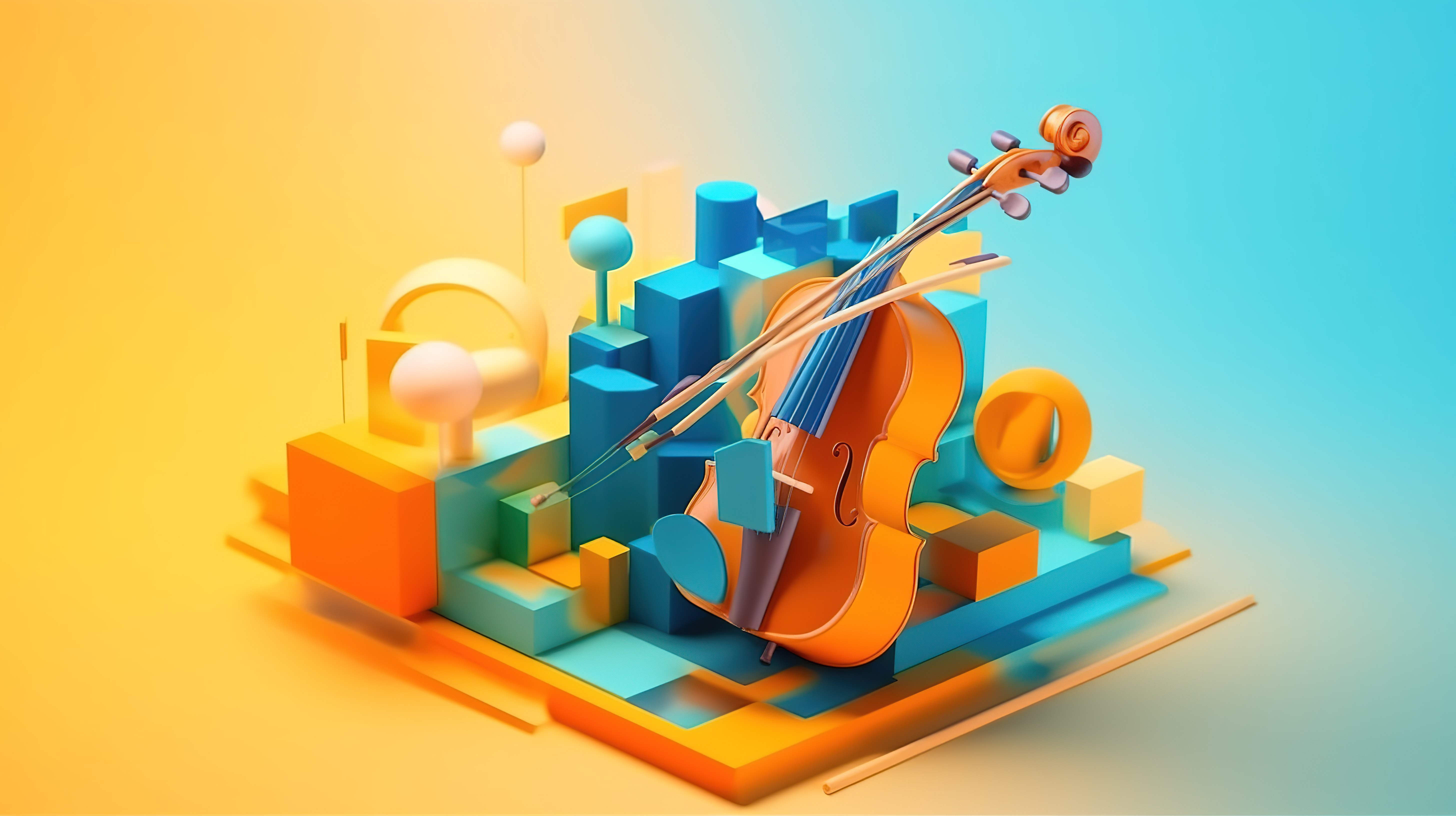 1 橙色和蓝色色调的抽象几何平台描绘小提琴和其他乐器 3D 渲染概念图片