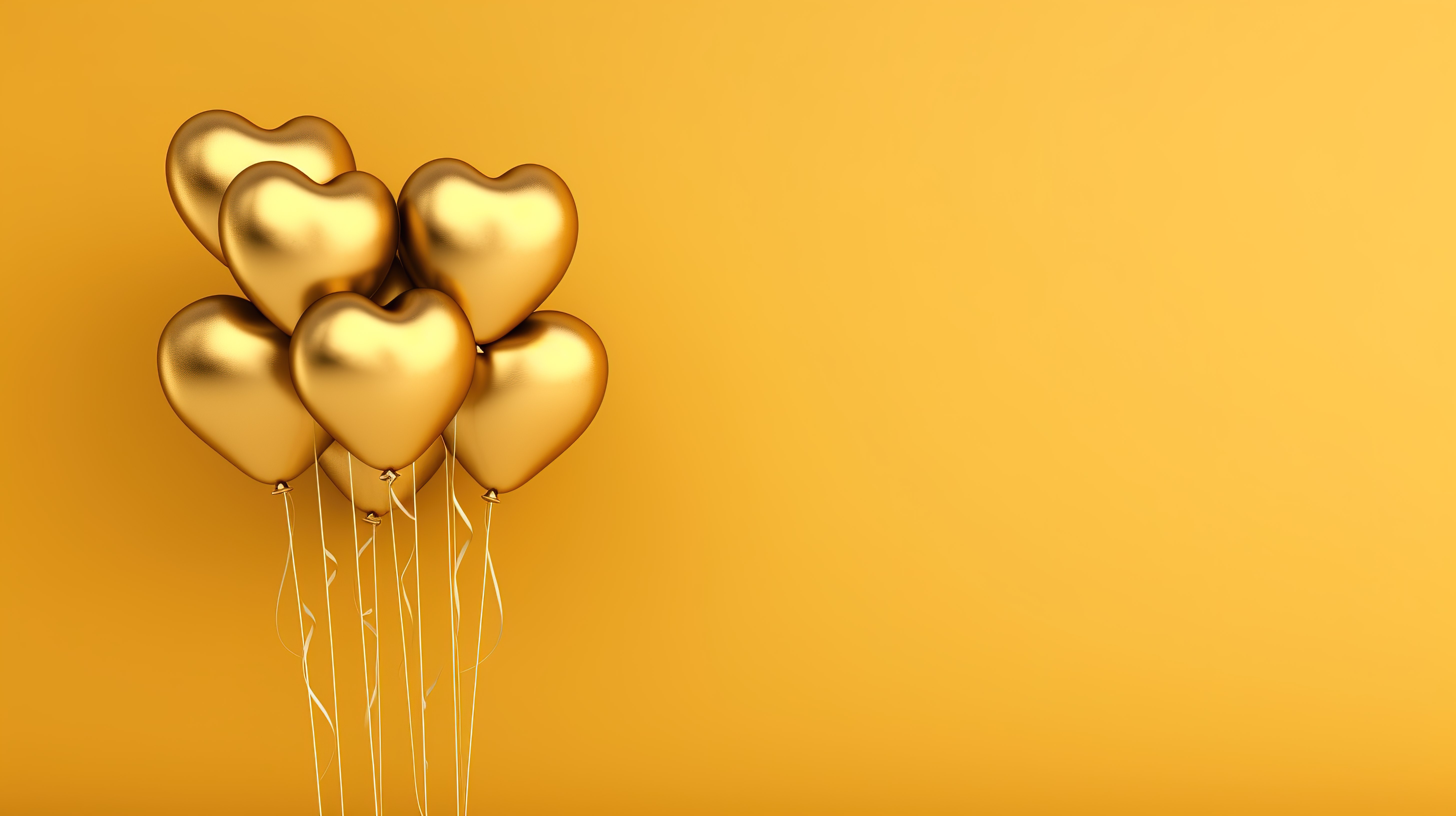 阳光明媚的黄色墙壁上的一簇金色心形气球 3D 插图横幅图片