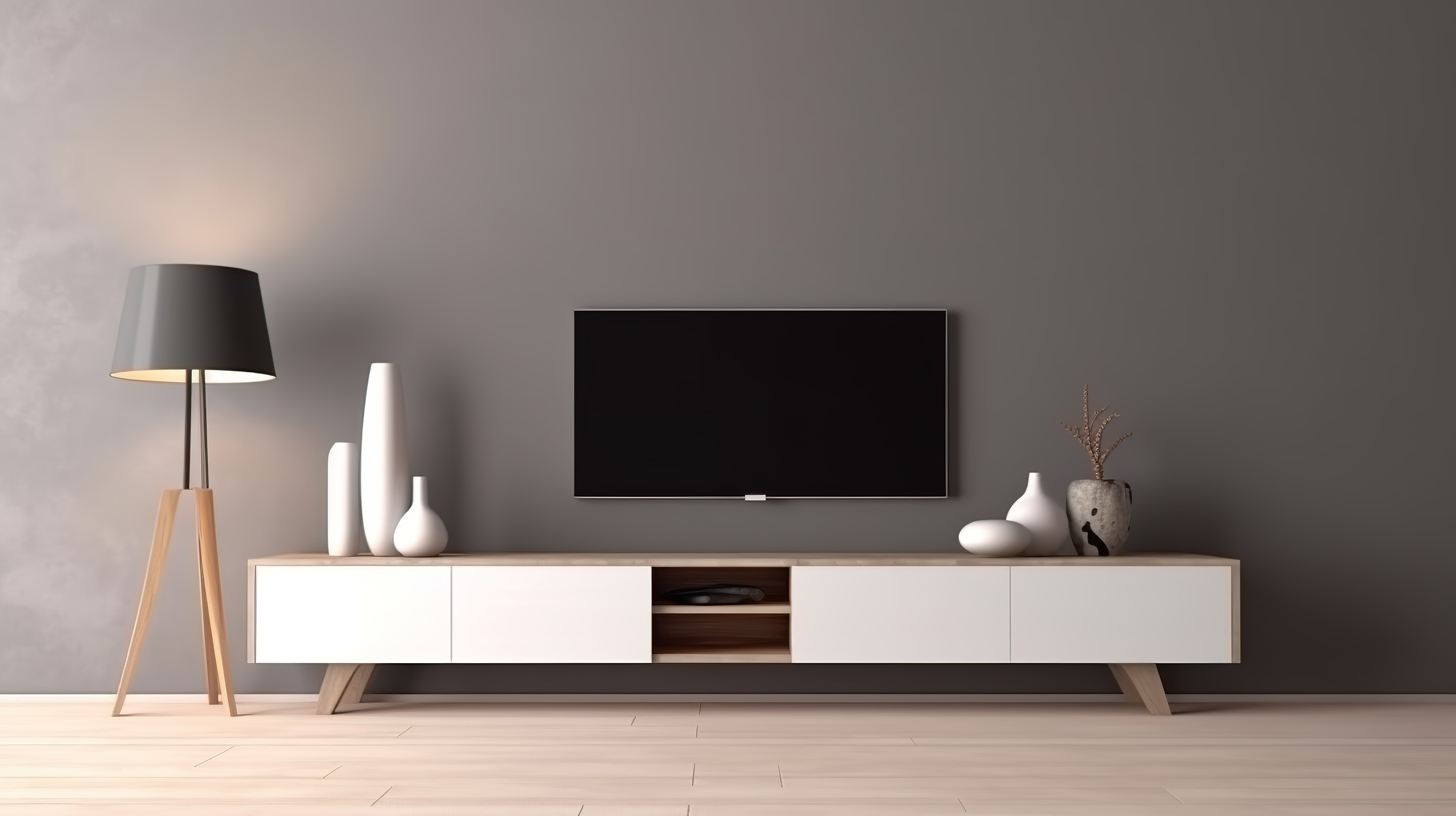时尚简约的电视柜位于简约的灰色墙壁房间内，配有木地板 3D 渲染图片
