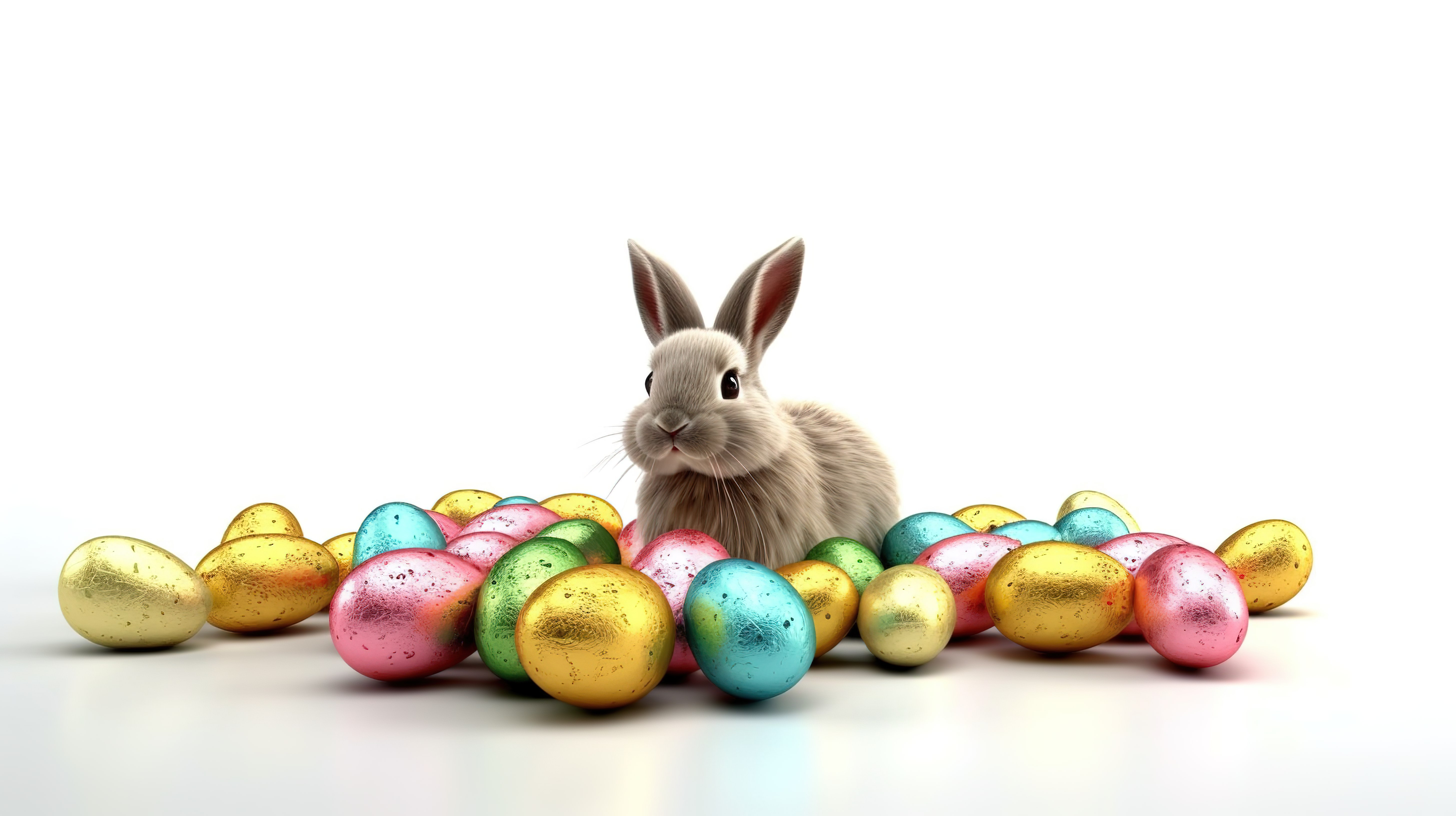 白色背景上带有复制空间的复活节兔子和彩蛋的 3D 渲染图片