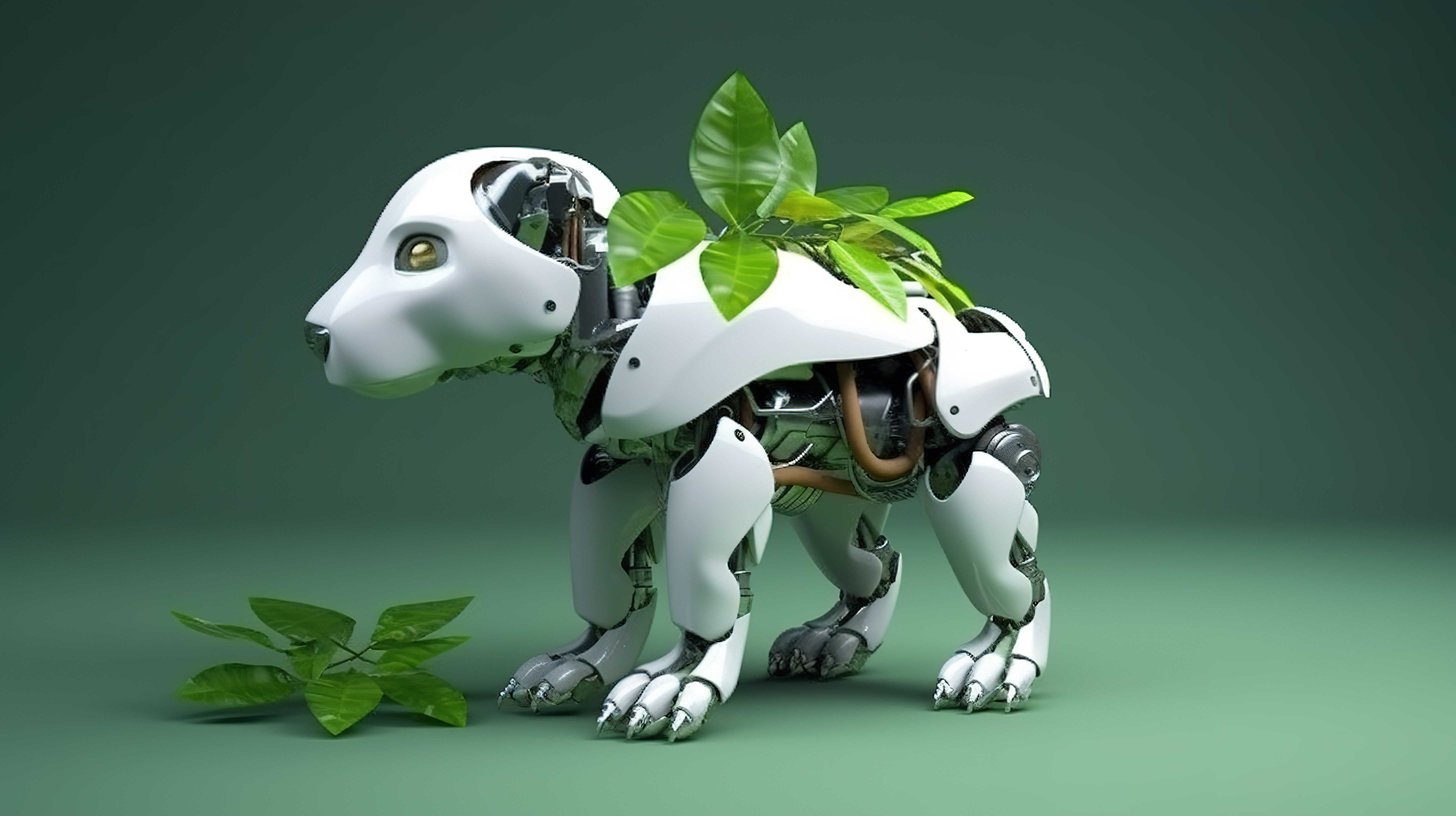 绿色技术与生态学的结合 犬机器人在茂密的树叶中的 3D 渲染图片