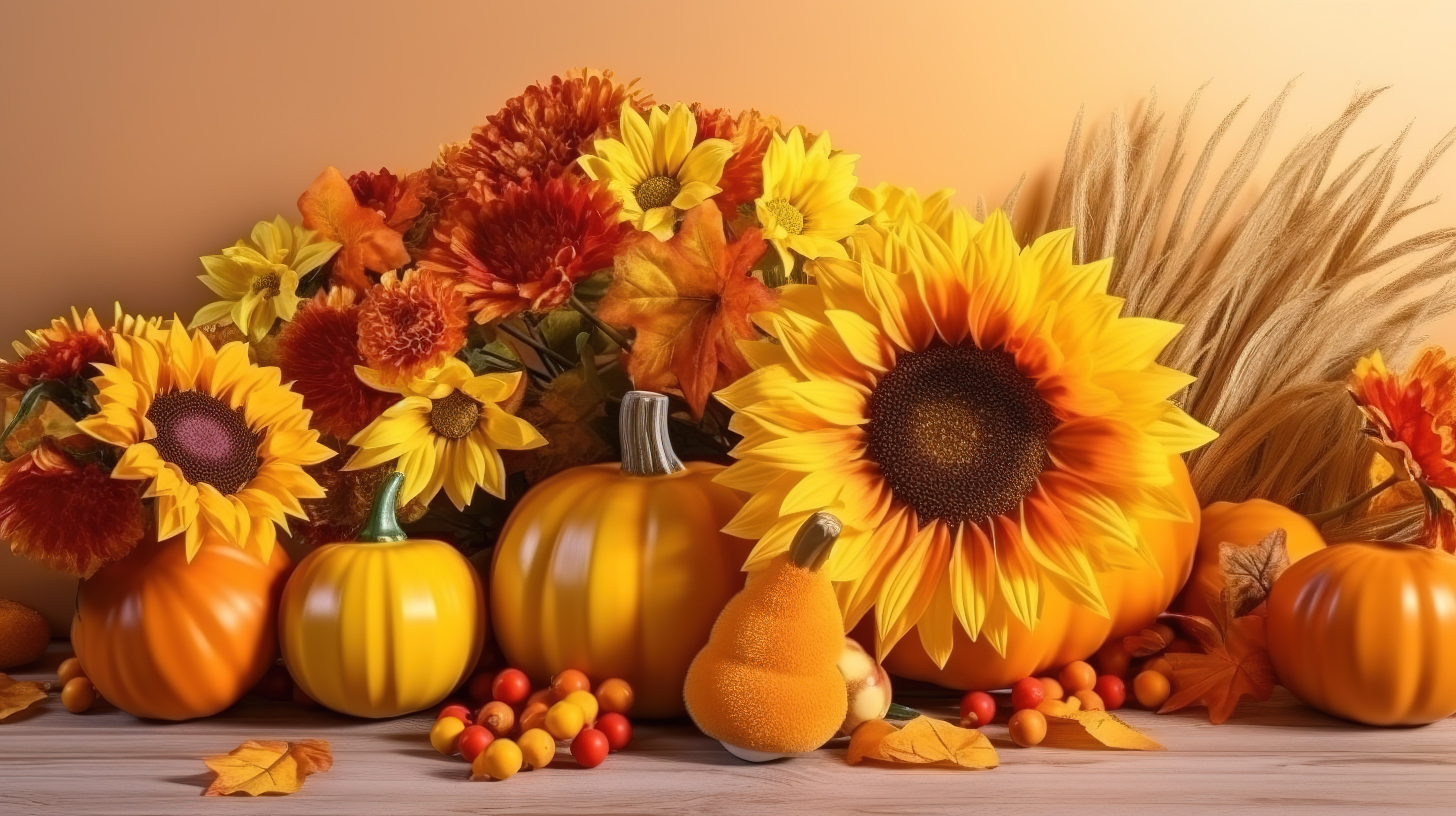 秋季问候背景，以令人惊叹的向日葵和丰满的南瓜为特色 3d图片