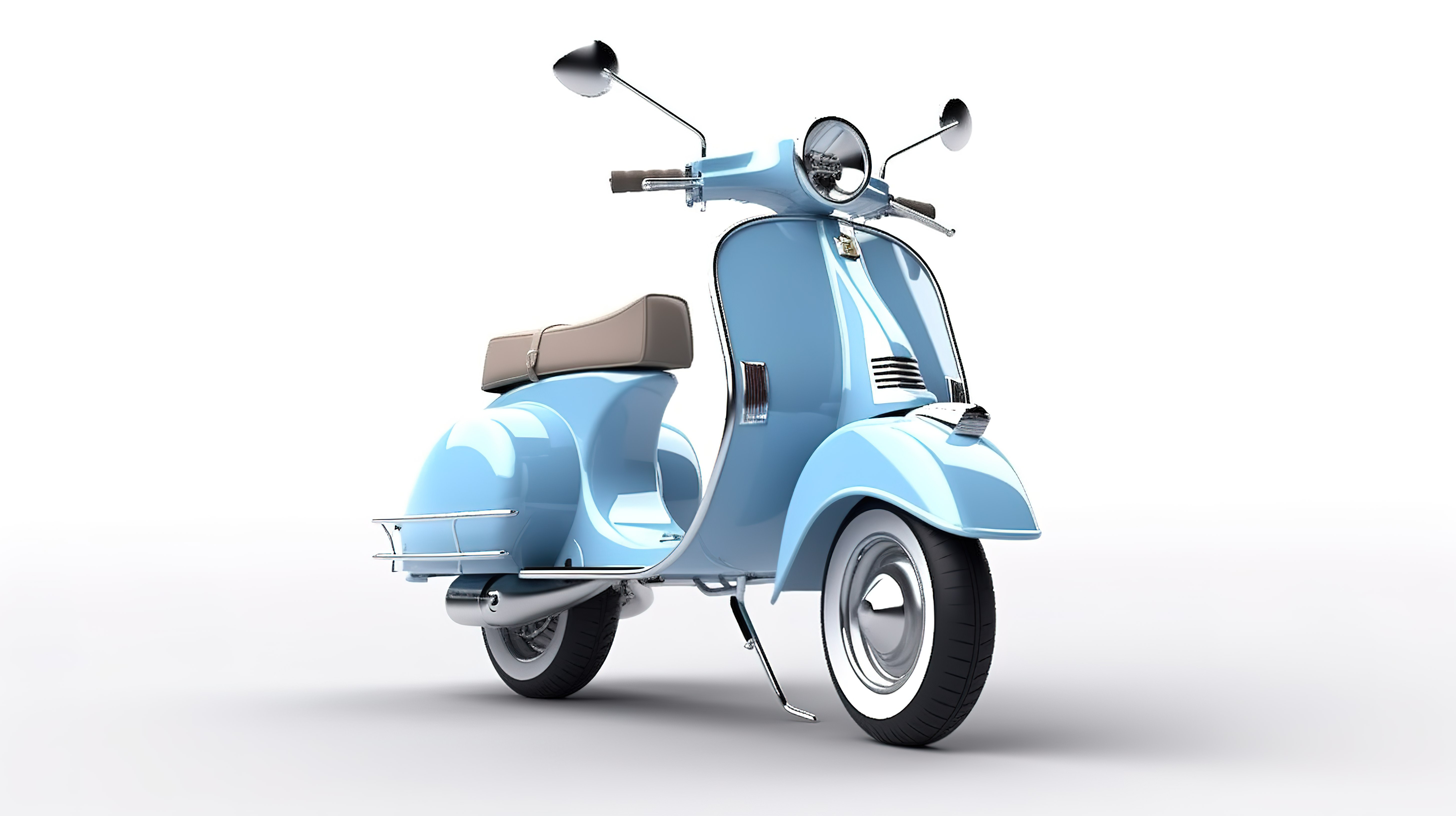 电动或经典复古蓝色摩托车在白色背景 3D 渲染反对沥青路图片