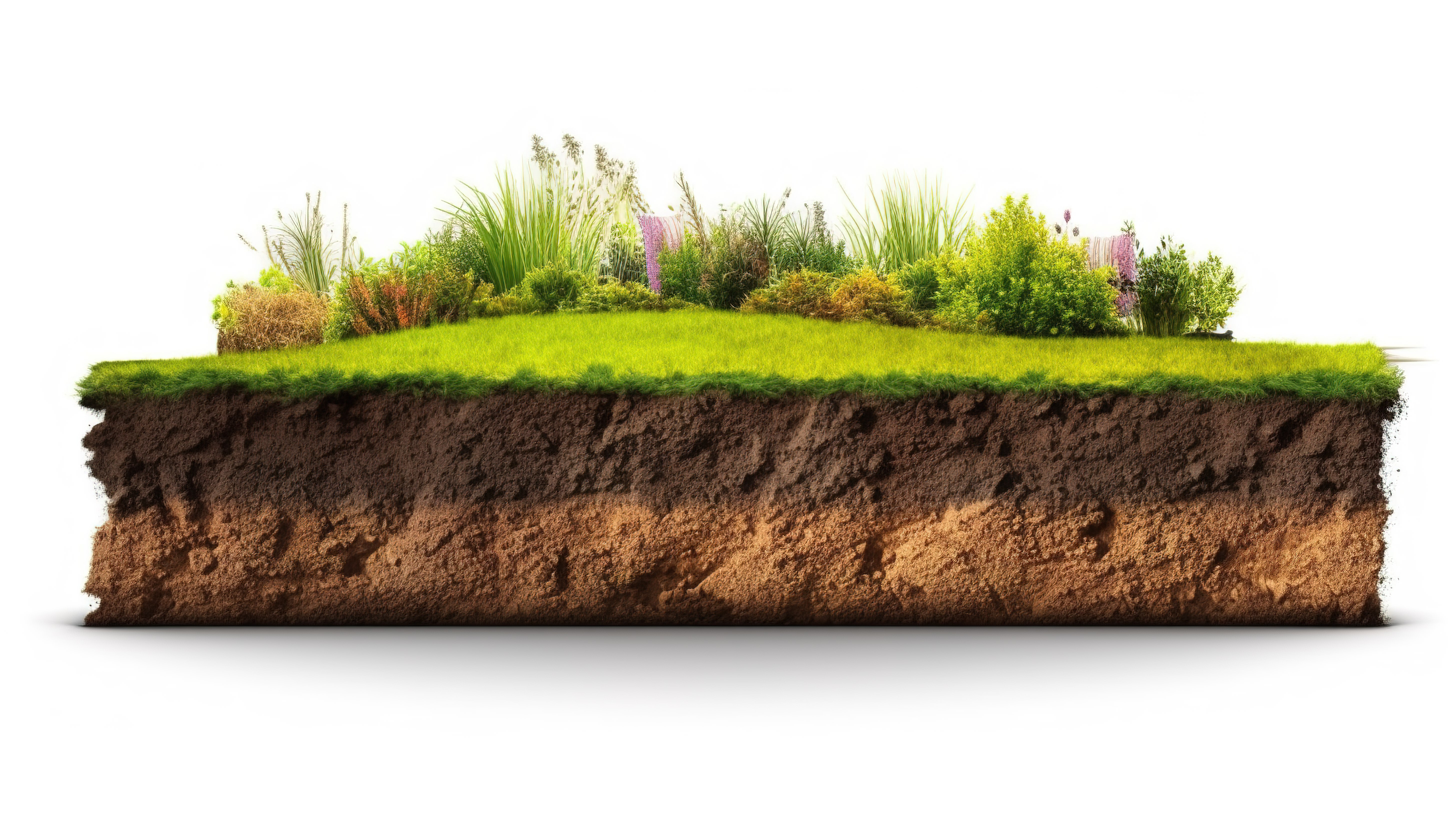 白色背景绿草土壤地质剖面的 3d 渲染图片